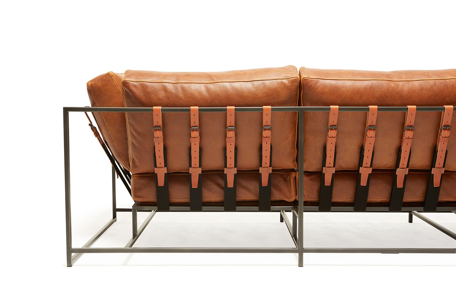 American Potomac Tan Leather and Blackened Steel Sofa For Sale