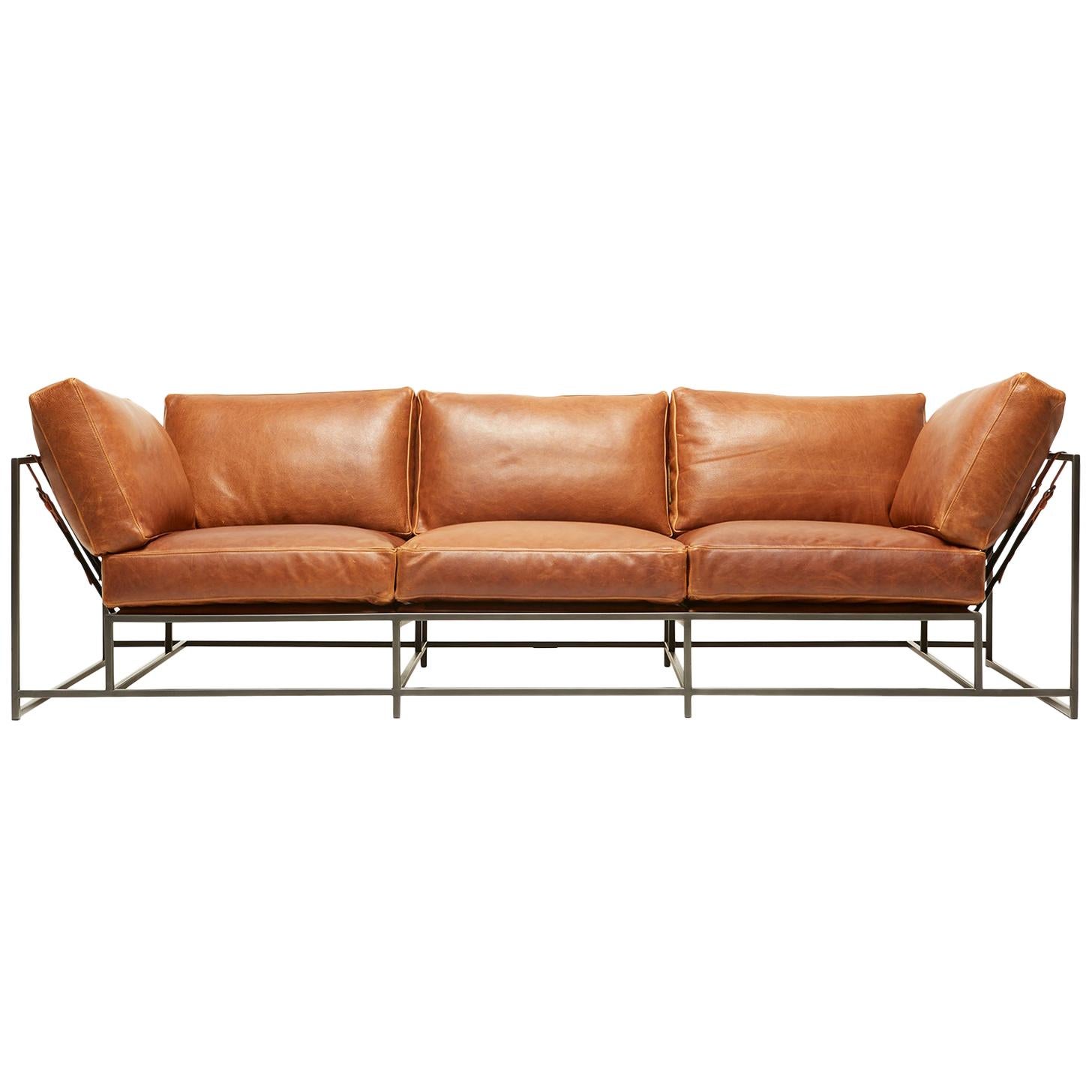 Potomac Tan Leather and Blackened Steel Sofa For Sale