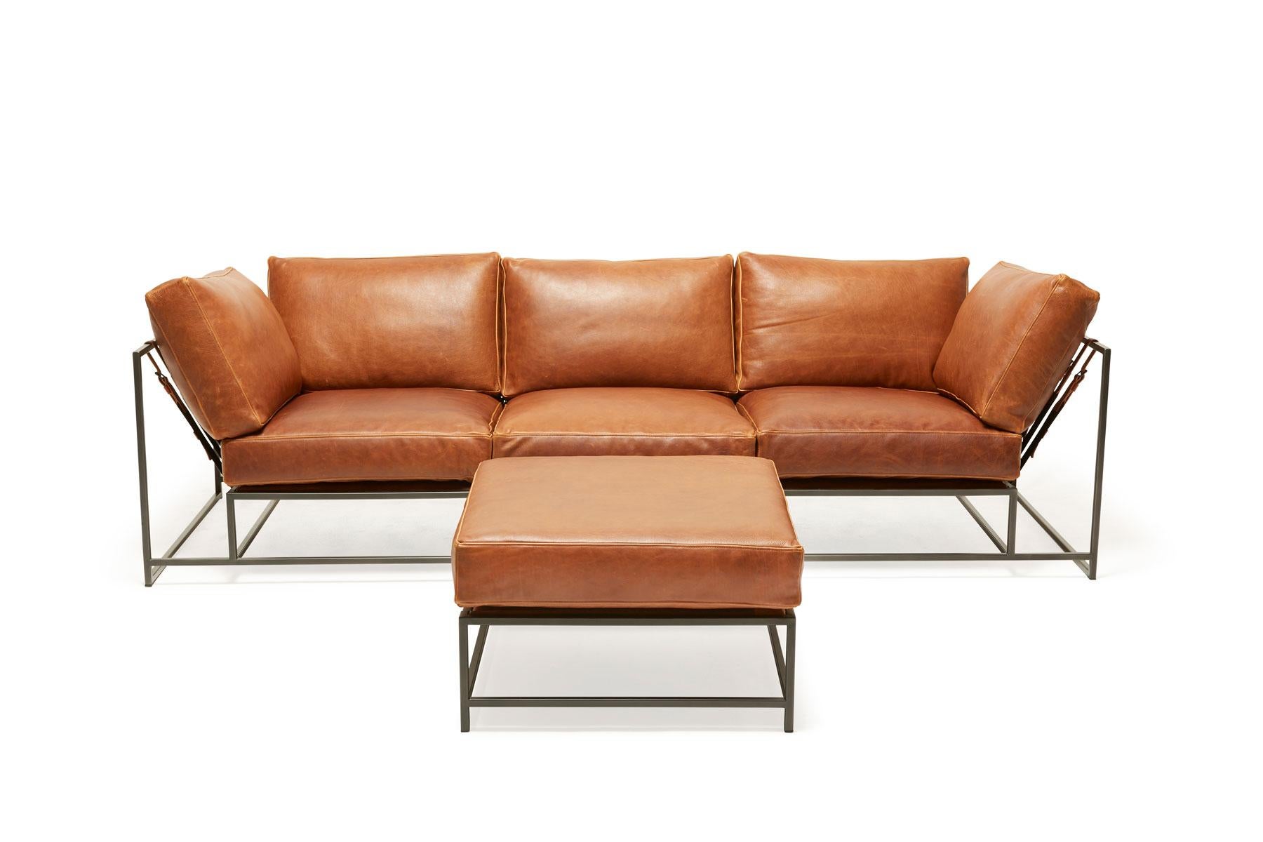 American Potomac Tan Leather and Blackened Steel Sofa with Ottoman For Sale