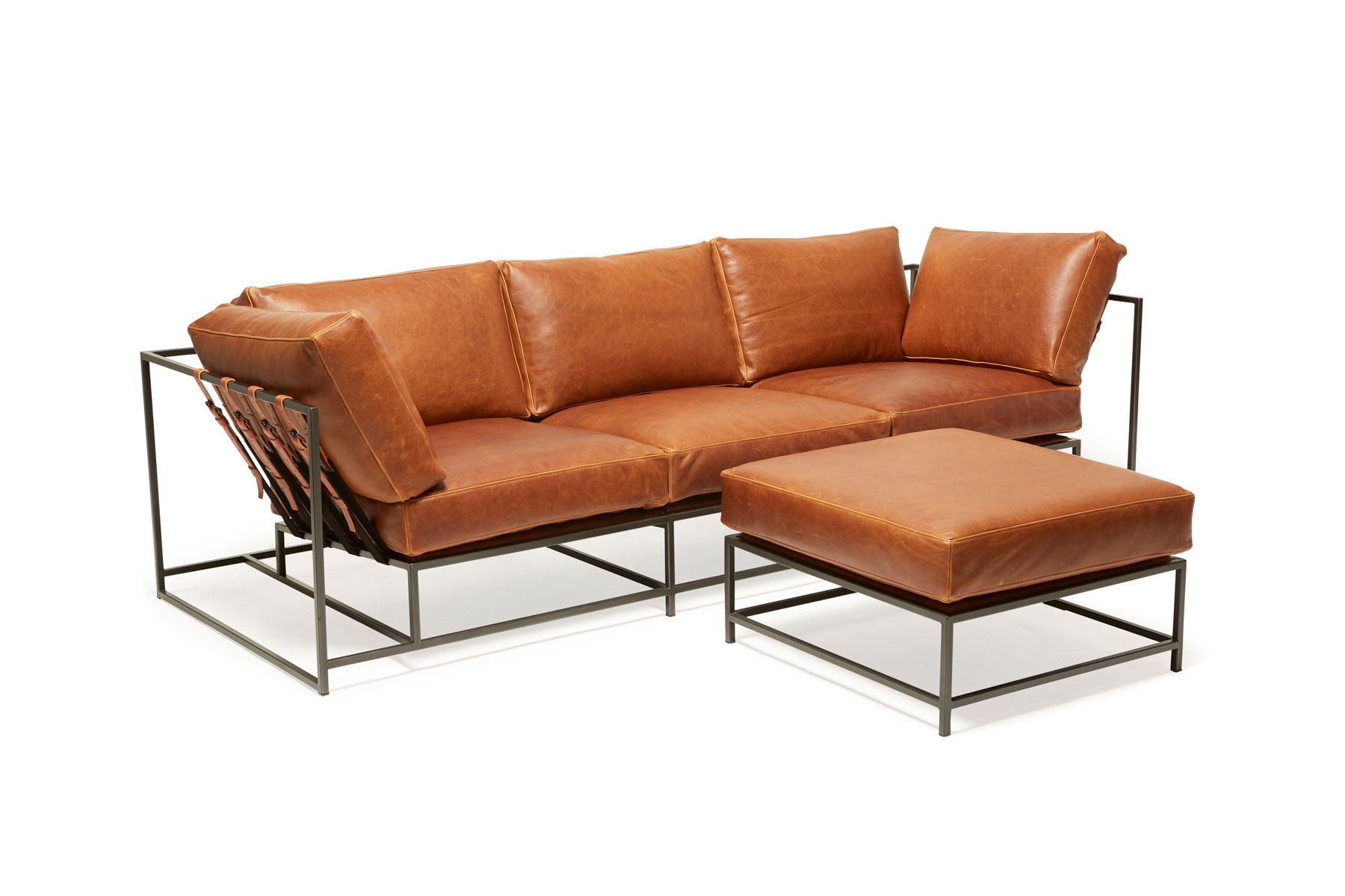 Potomac Tan Leather and Blackened Steel Sofa with Ottoman In New Condition For Sale In Los Angeles, CA
