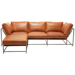 Potomac Tan Leather and Blackened Steel Sofa with Ottoman