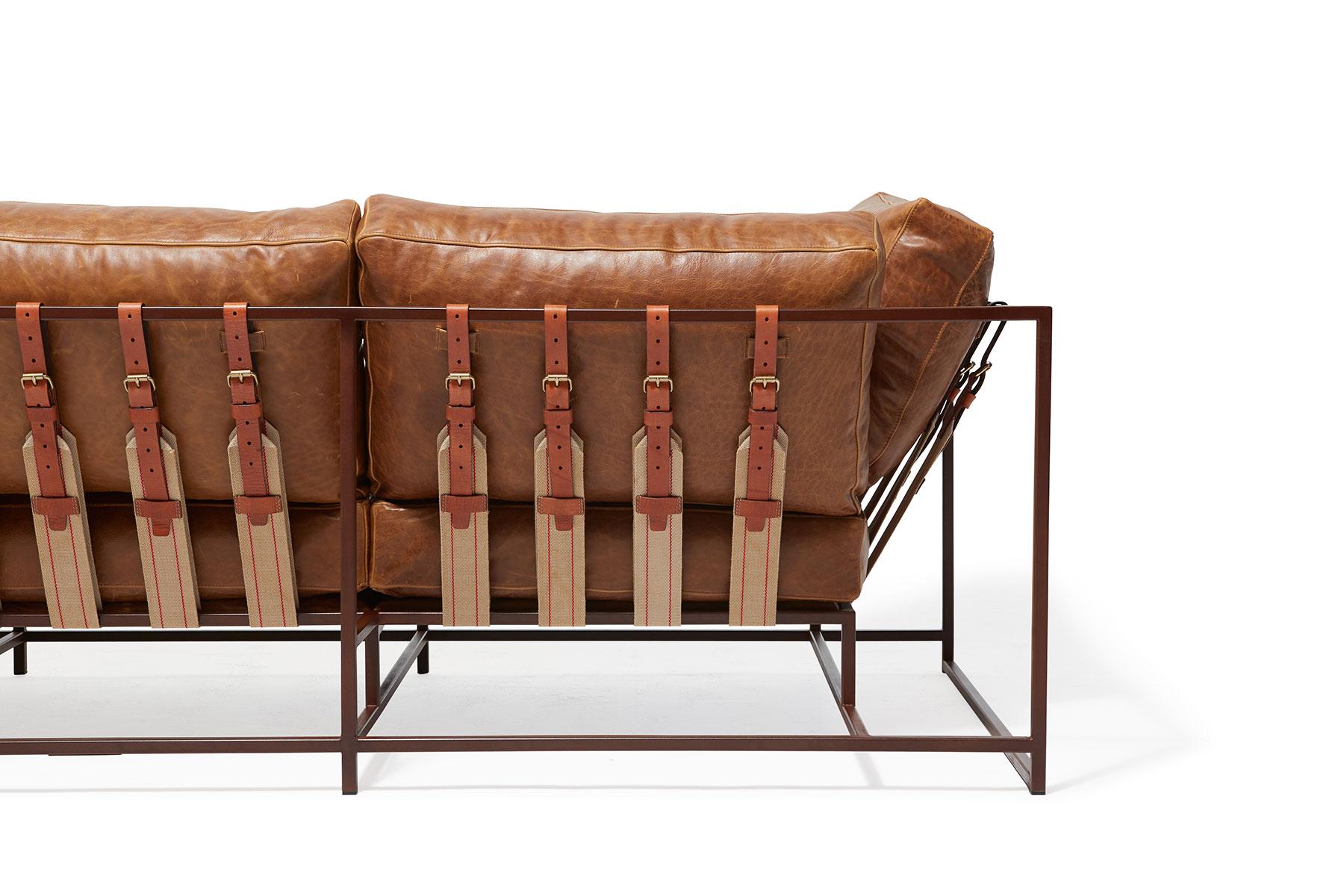Modern Waxed Cognac Leather and Marbled Rust Sofa For Sale