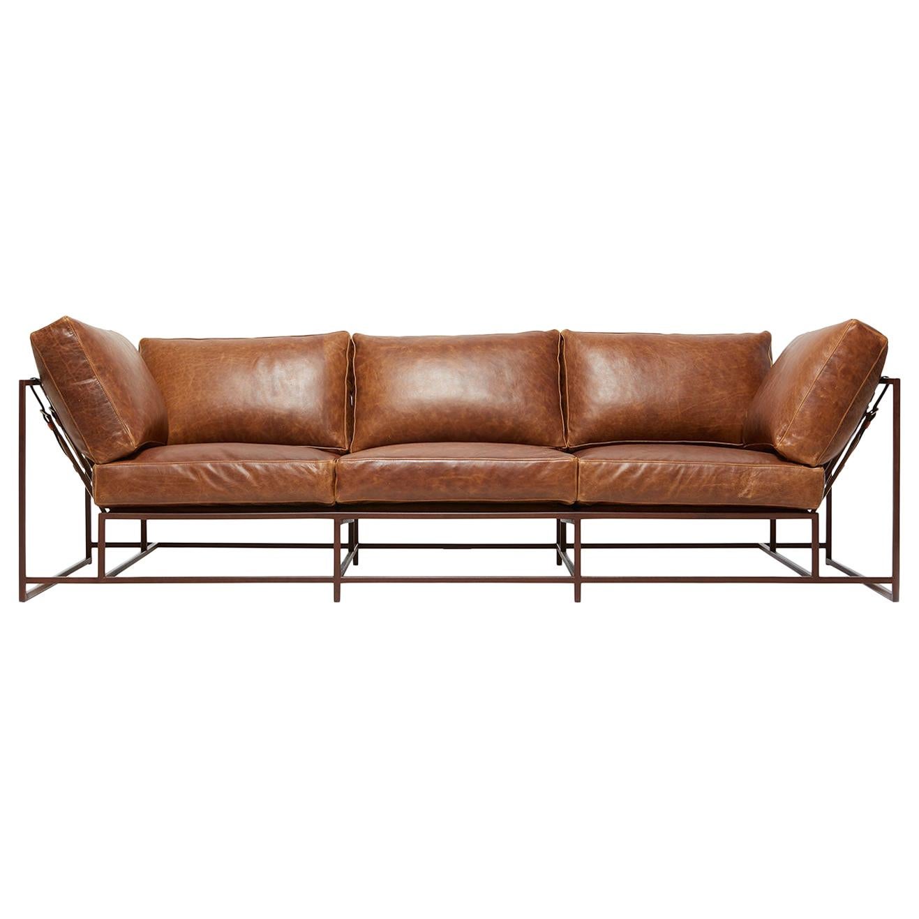 Waxed Cognac Leather and Marbled Rust Sofa For Sale