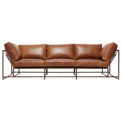 Waxed Cognac Leather and Marbled Rust Sofa