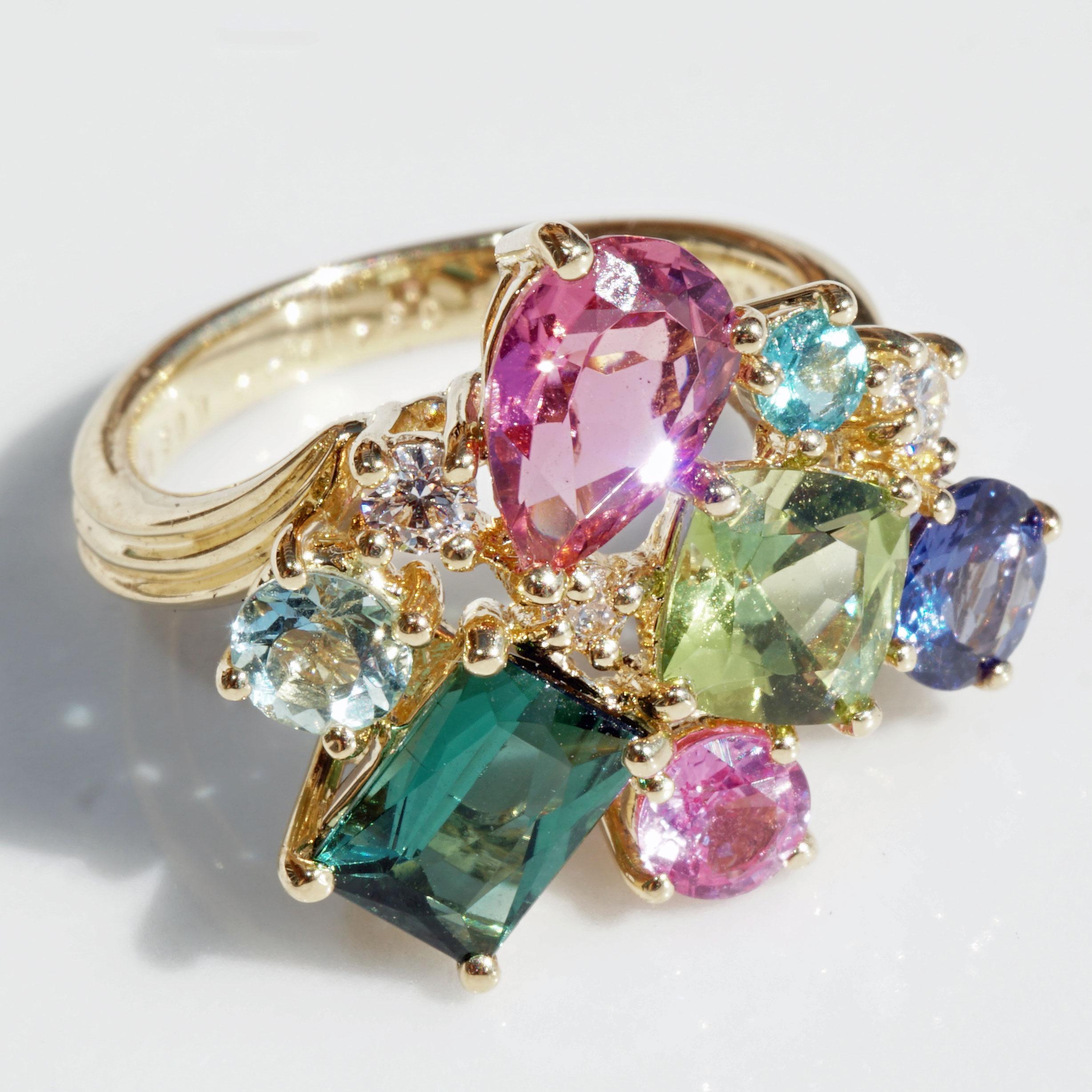 Modern Potpourrie of Colors and Gems so many Colors Ring with Peridot Tourmaline Zircon For Sale