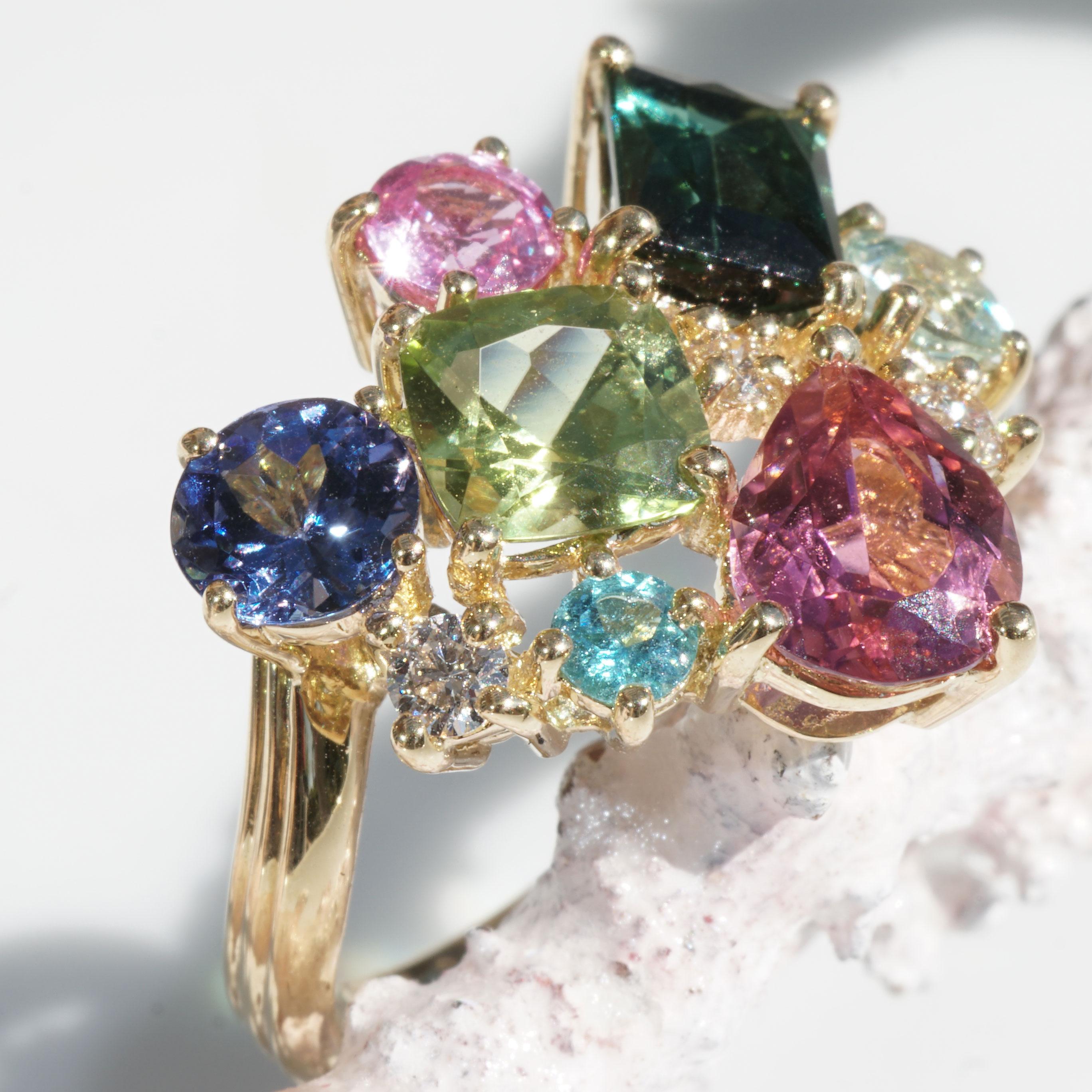 Women's or Men's Potpourrie of Colors and Gems so many Colors Ring with Peridot Tourmaline Zircon For Sale