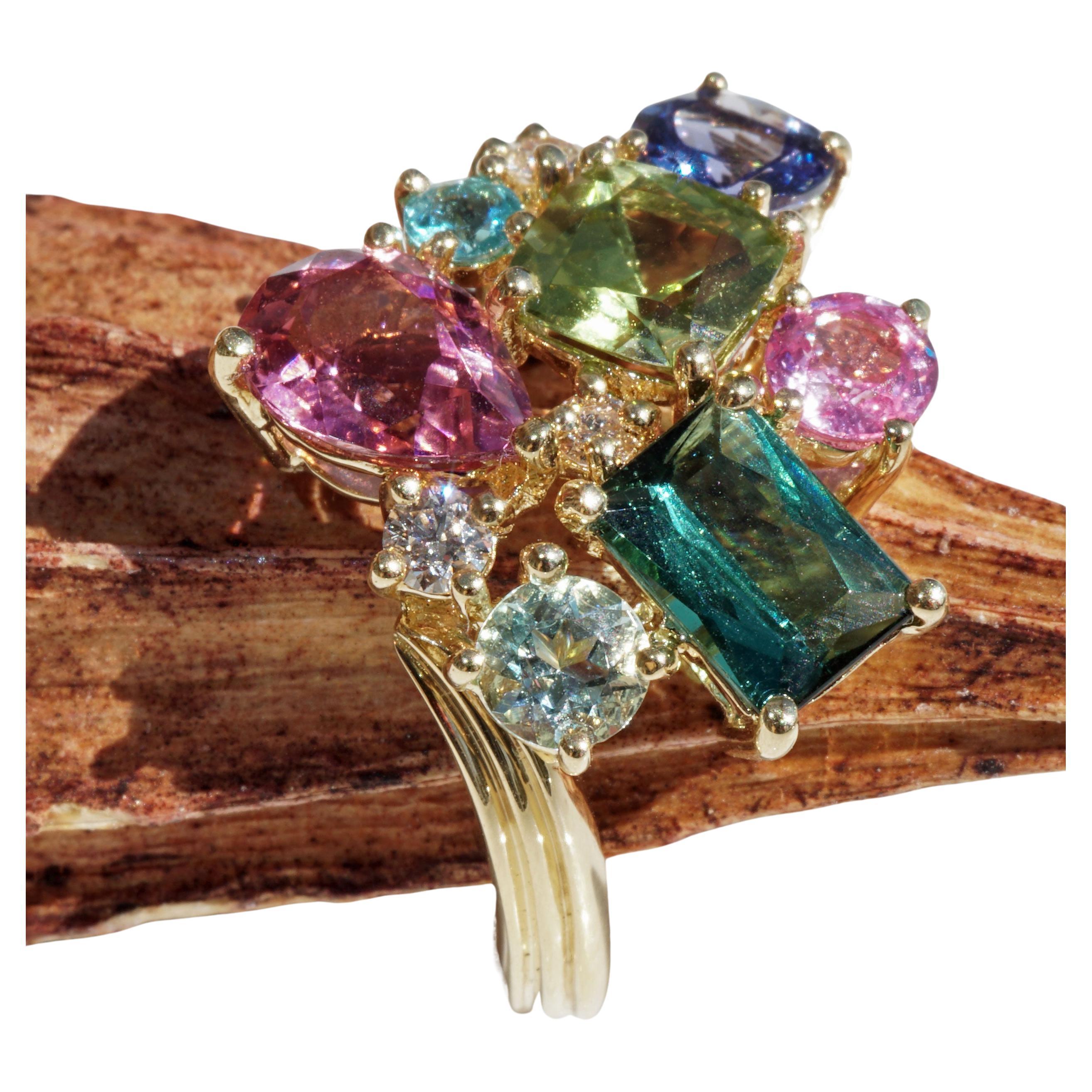 Potpourrie of Colors and Gems so many Colors Ring with Peridot Tourmaline Zircon For Sale
