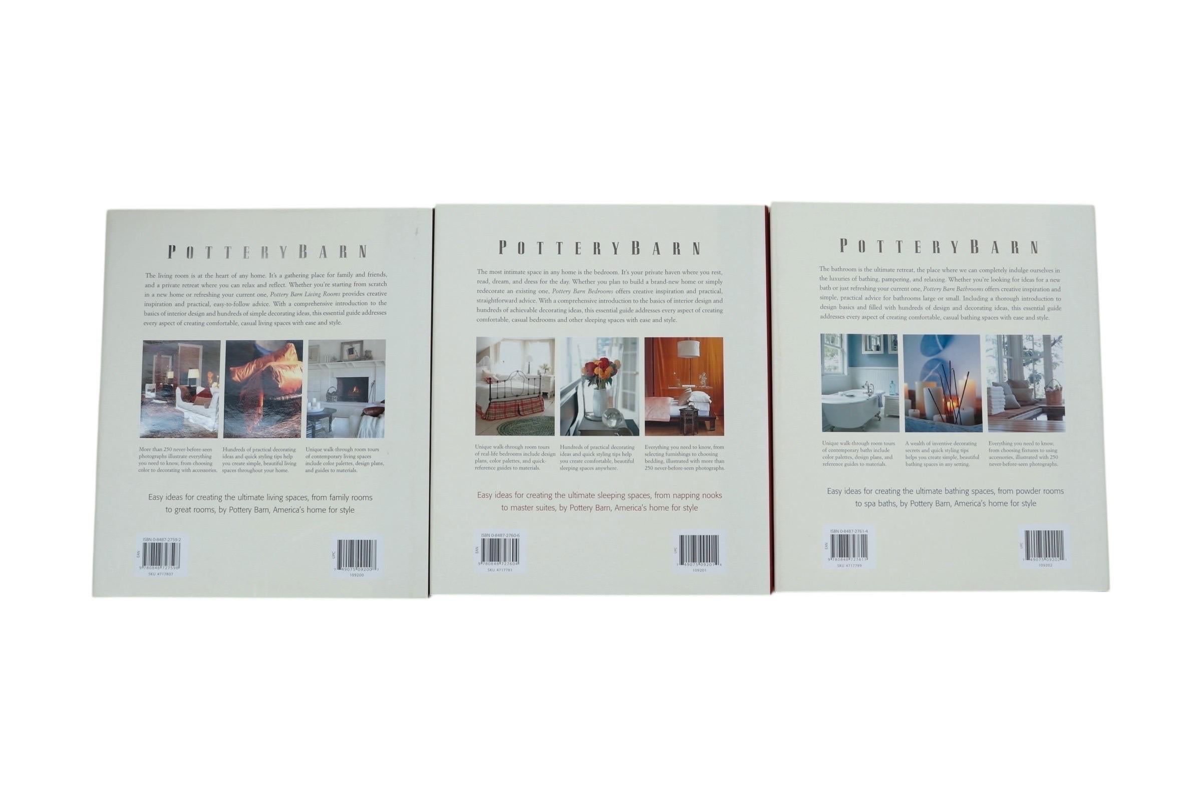 Pottery Barn Design Library, Dormitorios, Baños y Salones. Un estuche de tres libros de tapa dura con sobrecubierta. Primera edición, publicada en 2003 por Oxmoor House. Impreso en Singapur, cada libro tiene 192 páginas.