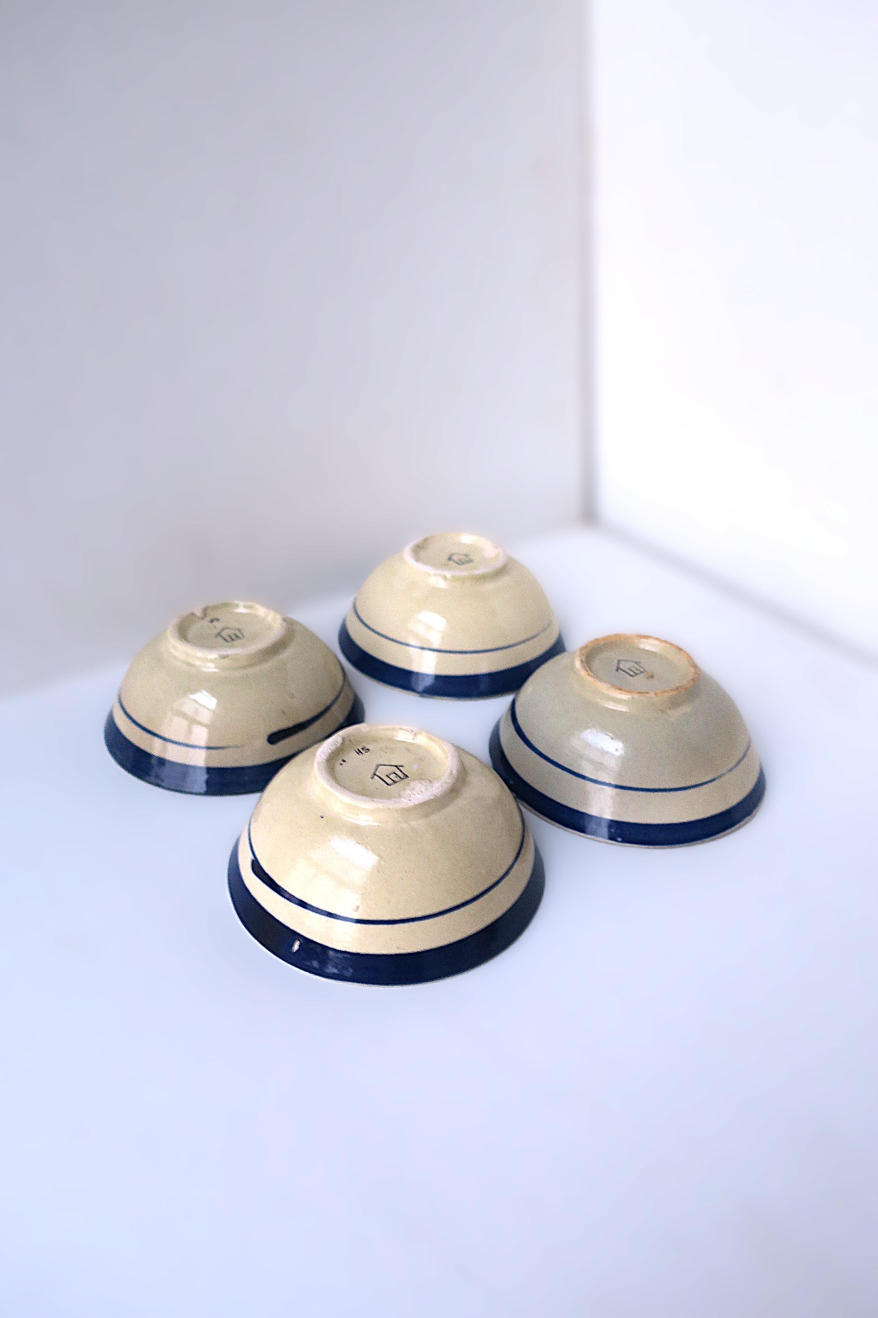 Terracotta Pottery Bowls Blue Off-White, Set of 4 in vendita