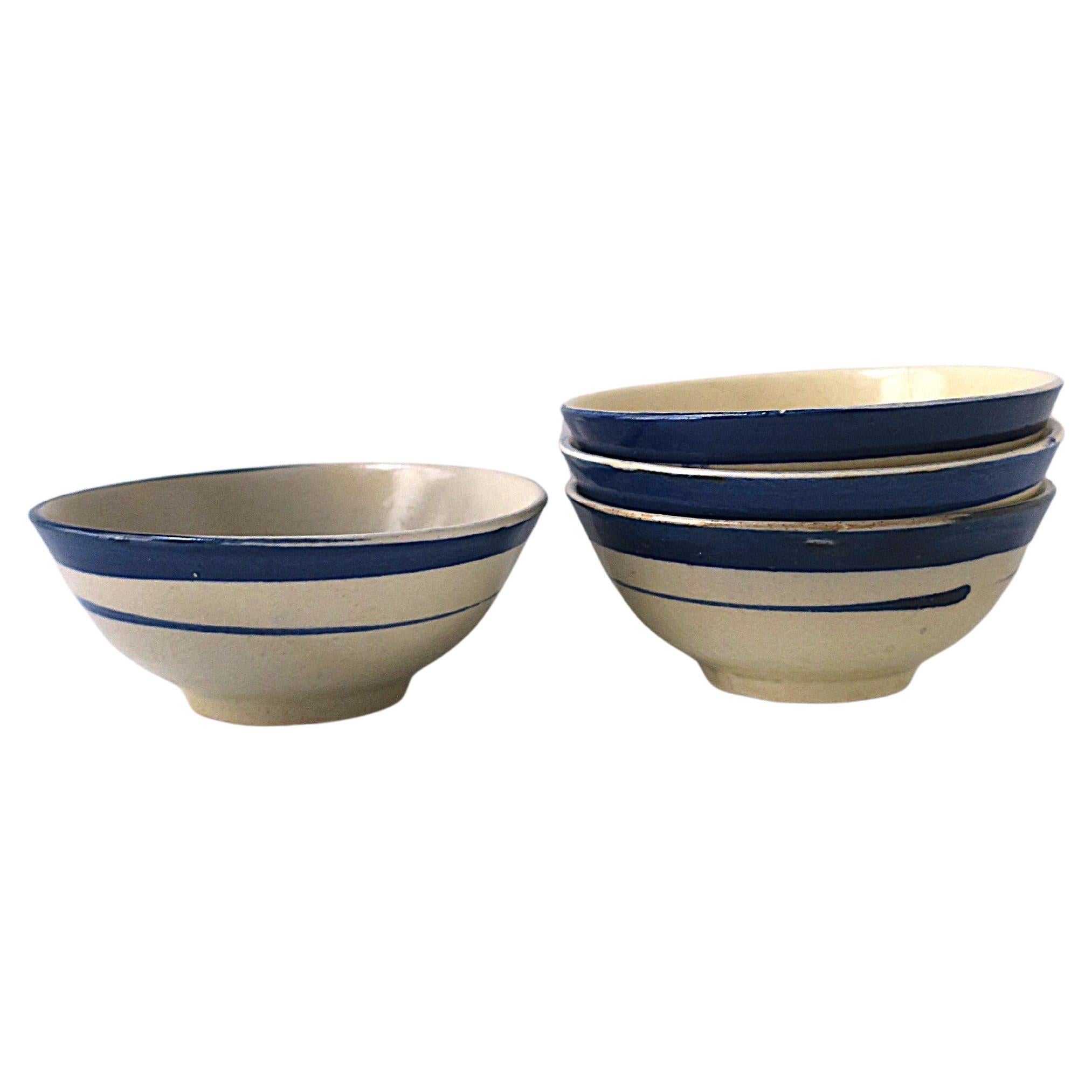 Pottery Bowls Blue Off-White, Set of 4