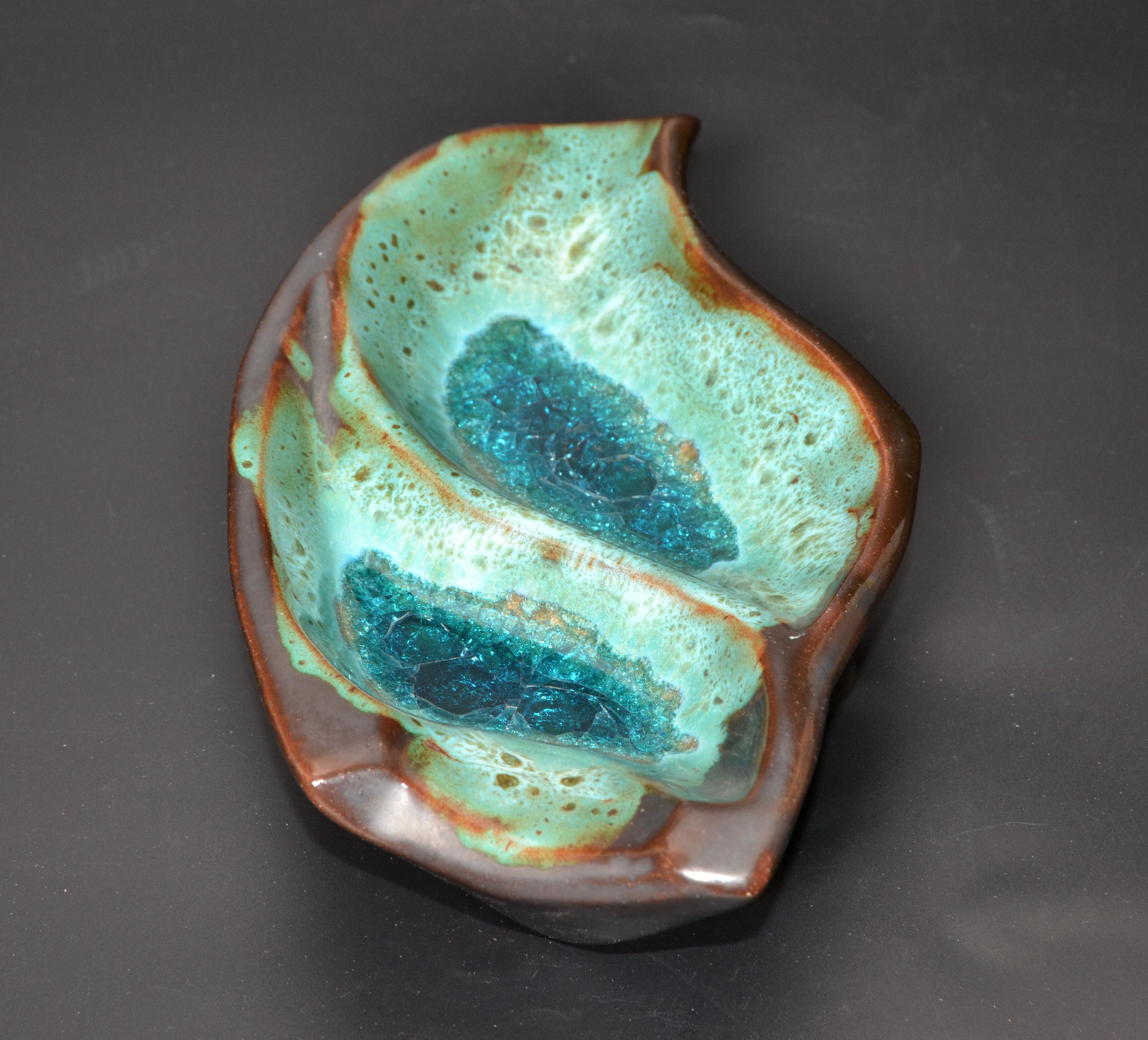 Pottery Ceramic Decorative Bowl Brown and Turquoise Vide Poche Blue Mineral 1960 For Sale 3