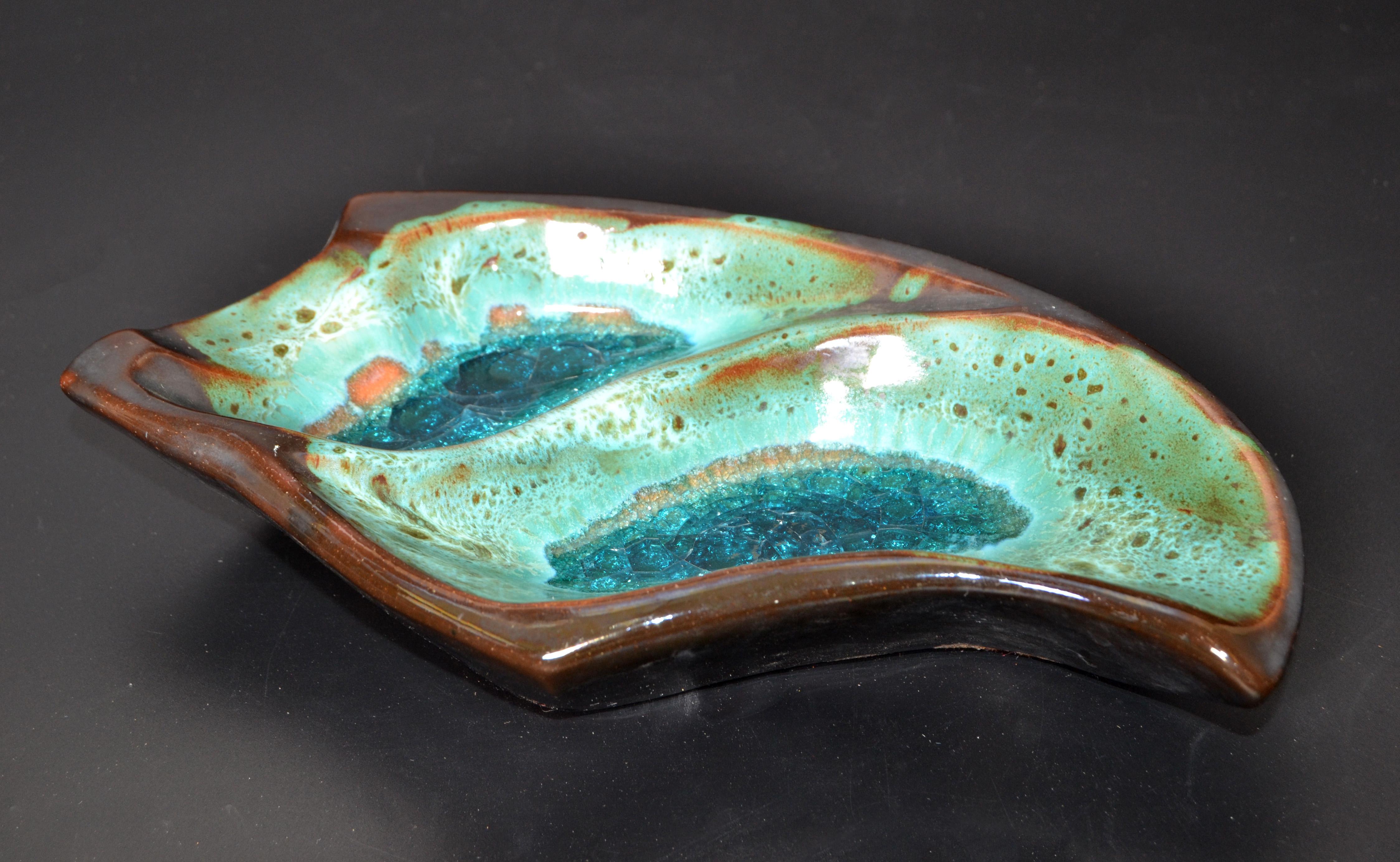 Pottery Ceramic Decorative Bowl Brown and Turquoise Vide Poche Blue Mineral 1960 For Sale 4