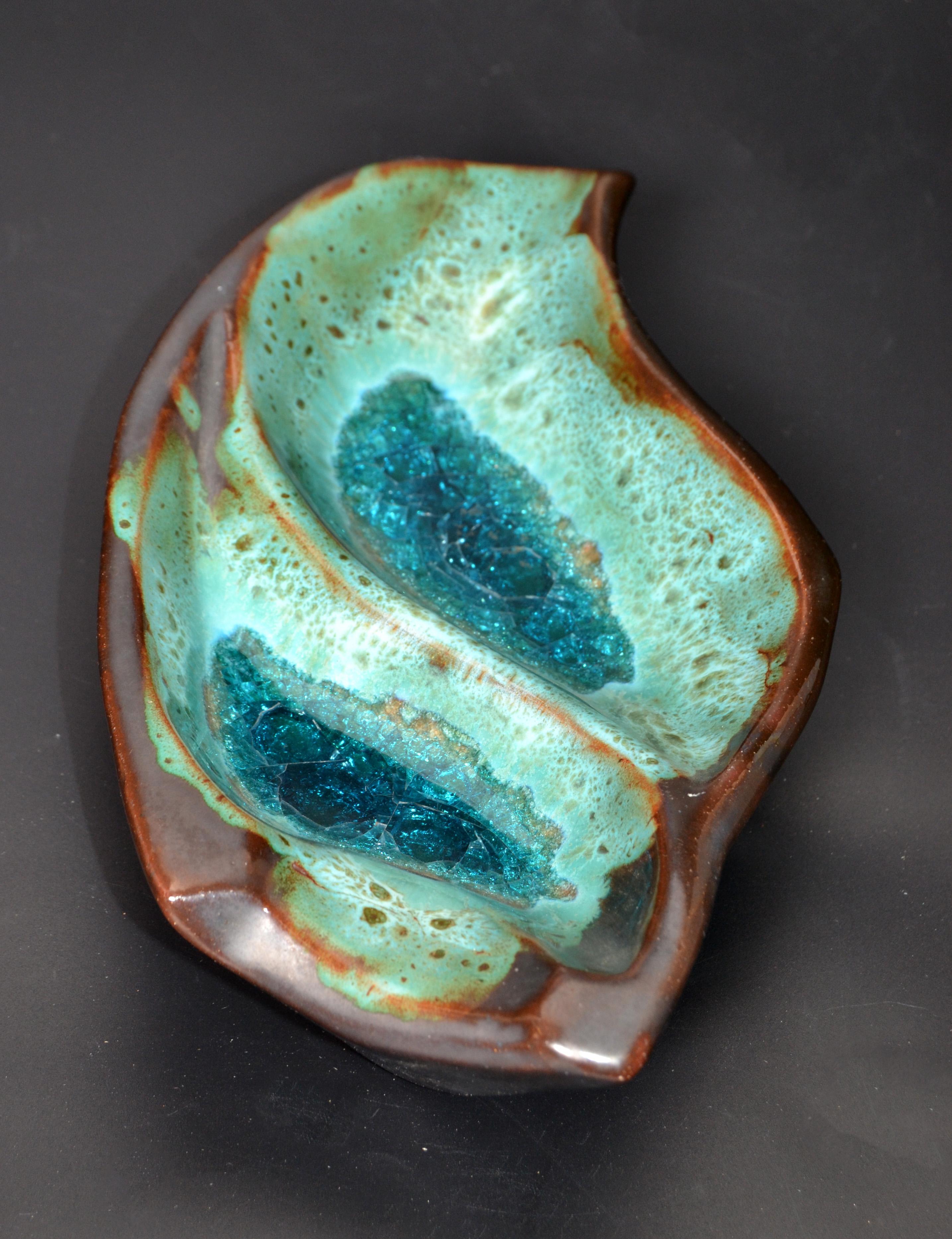 Pottery Ceramic Decorative Bowl Brown and Turquoise Vide Poche Blue Mineral 1960 For Sale 5