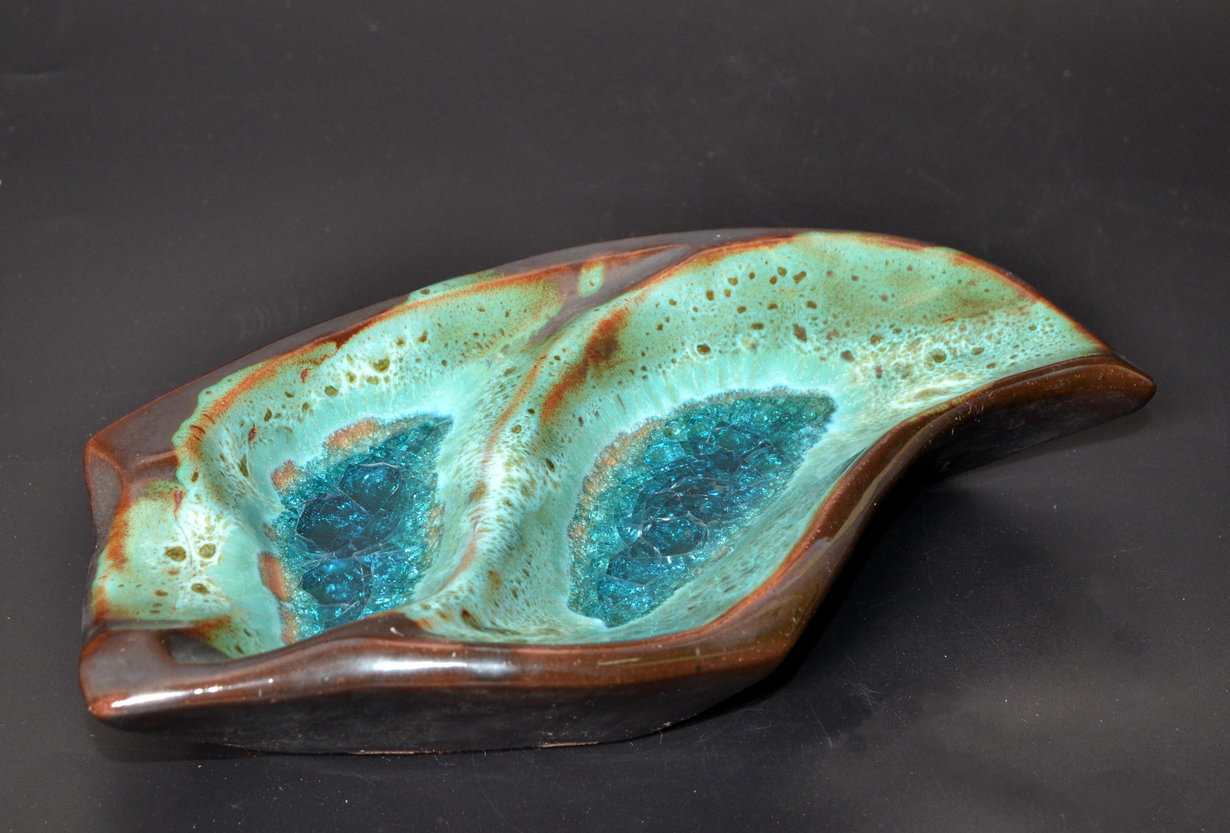 Pottery Ceramic Decorative Bowl Brown and Turquoise Vide Poche Blue Mineral 1960 For Sale 7