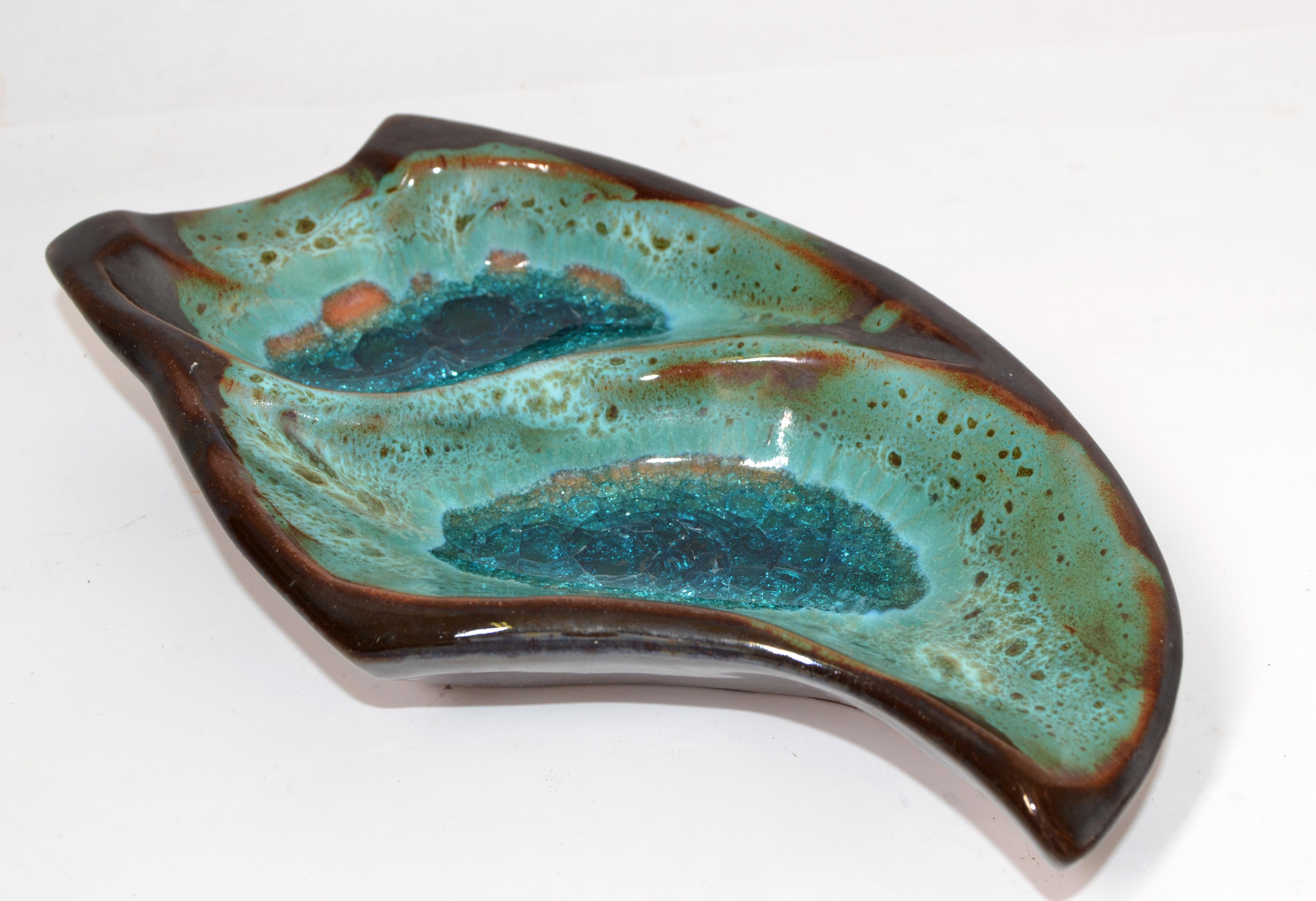 Mid-Century Modern Pottery Ceramic Decorative Bowl Brown and Turquoise Vide Poche Blue Mineral 1960 For Sale