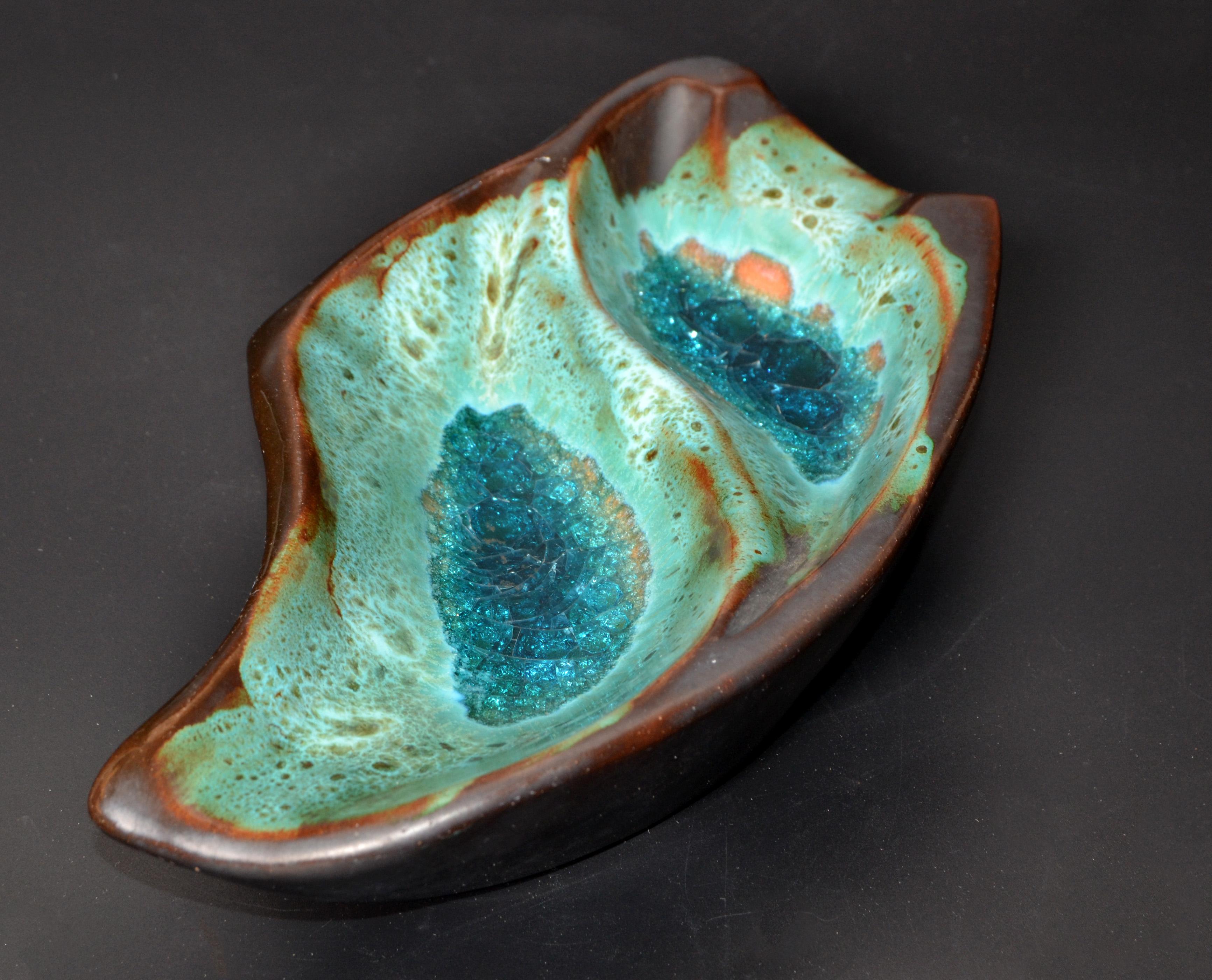 Glazed Pottery Ceramic Decorative Bowl Brown and Turquoise Vide Poche Blue Mineral 1960 For Sale