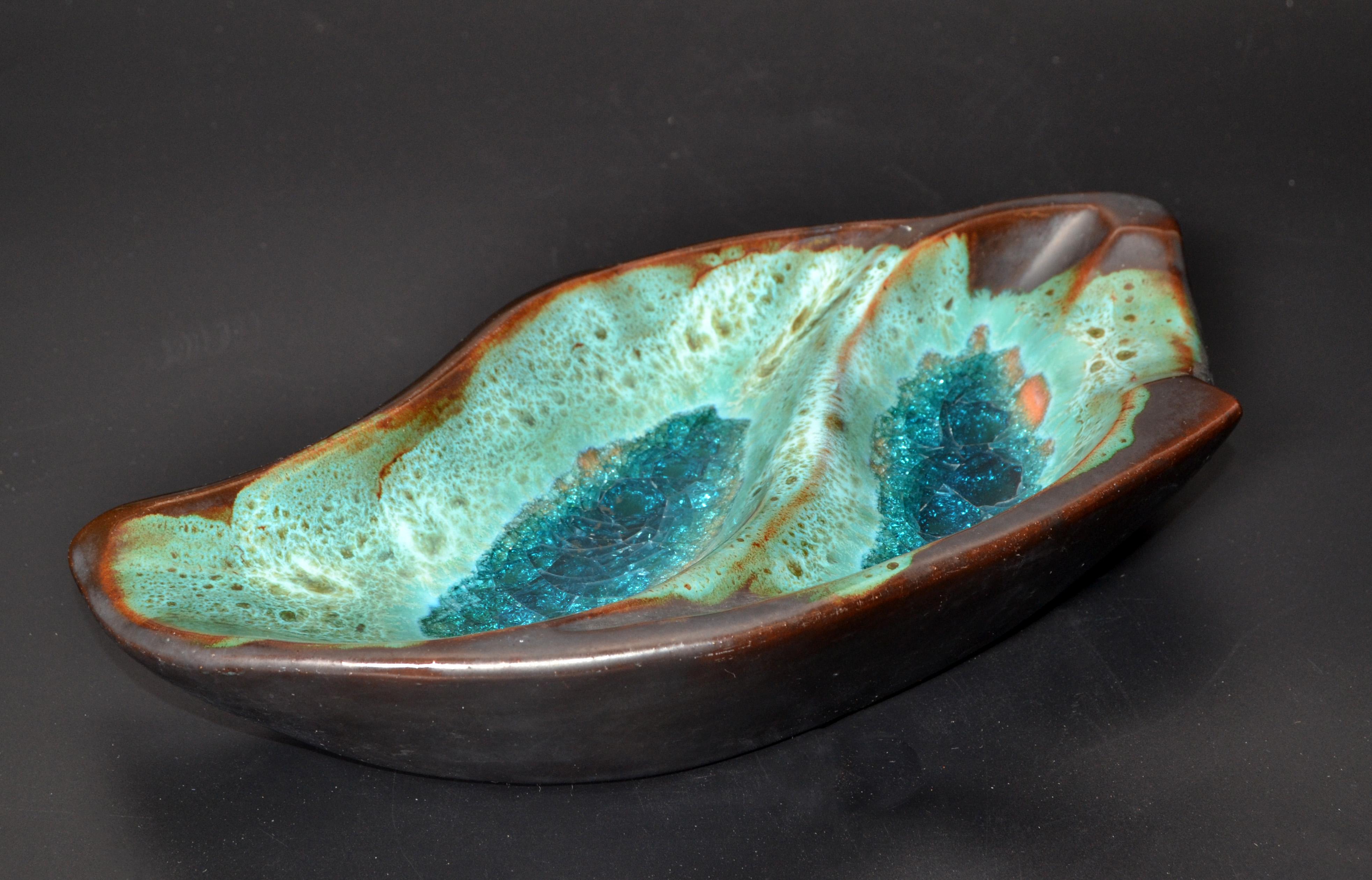 Pottery Ceramic Decorative Bowl Brown and Turquoise Vide Poche Blue Mineral 1960 In Good Condition For Sale In Miami, FL