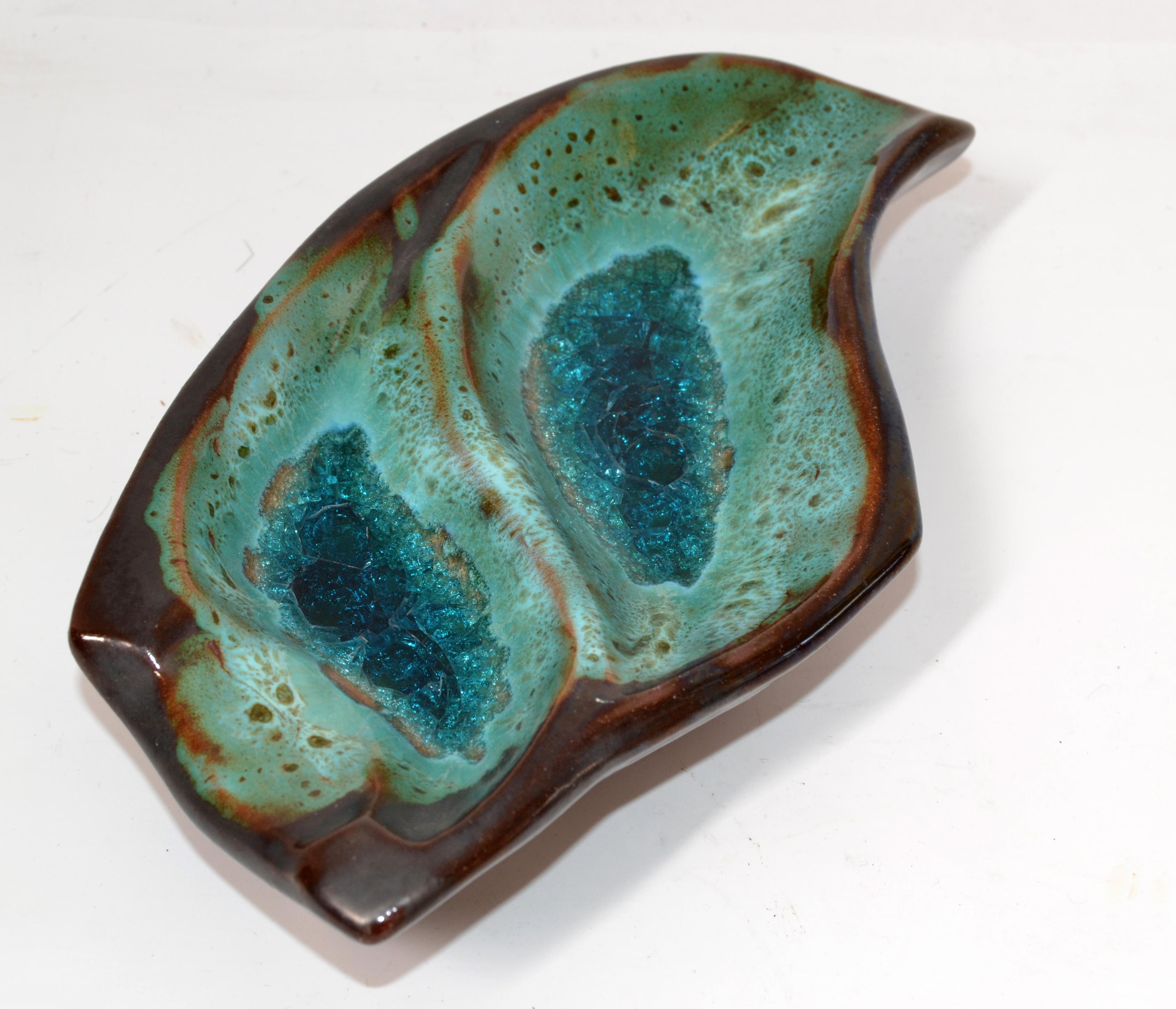 Pottery Ceramic Decorative Bowl Brown and Turquoise Vide Poche Blue Mineral 1960 For Sale 1