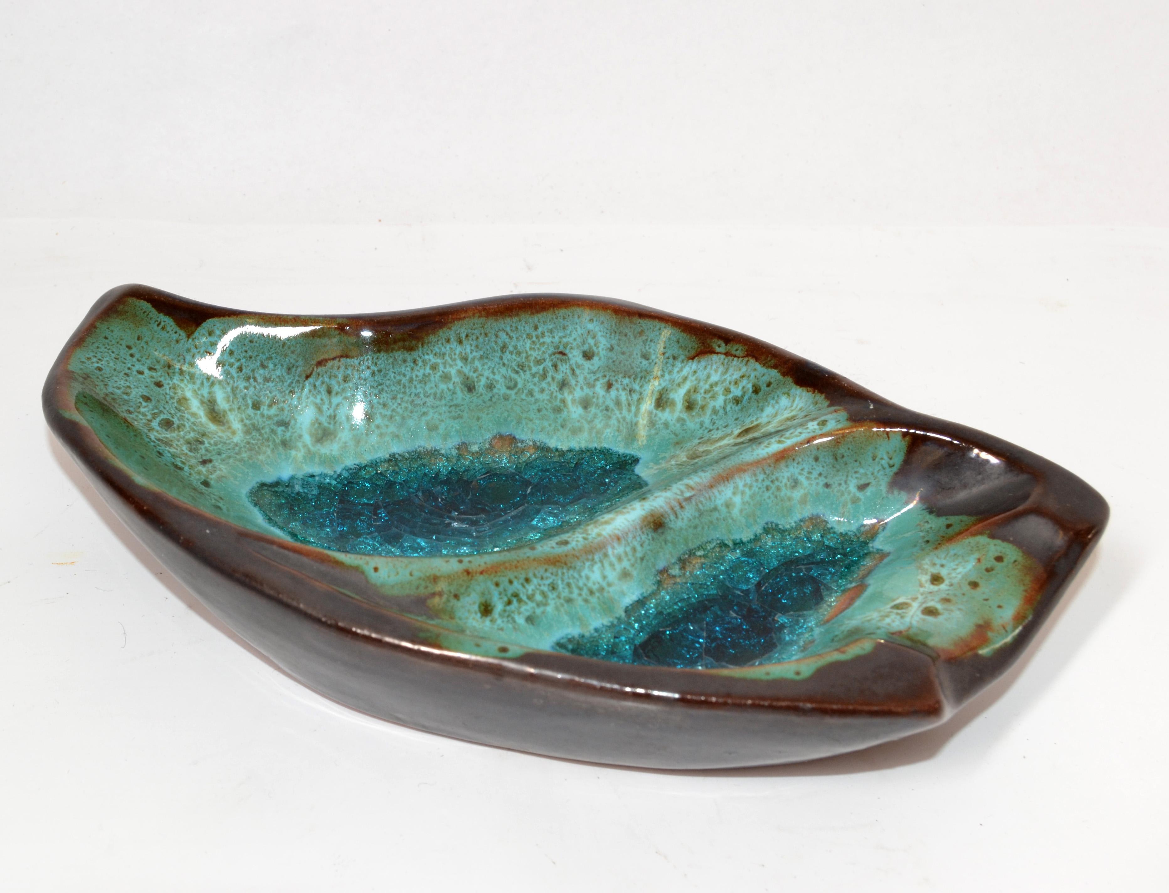 Pottery Ceramic Decorative Bowl Brown and Turquoise Vide Poche Blue Mineral 1960 For Sale 2