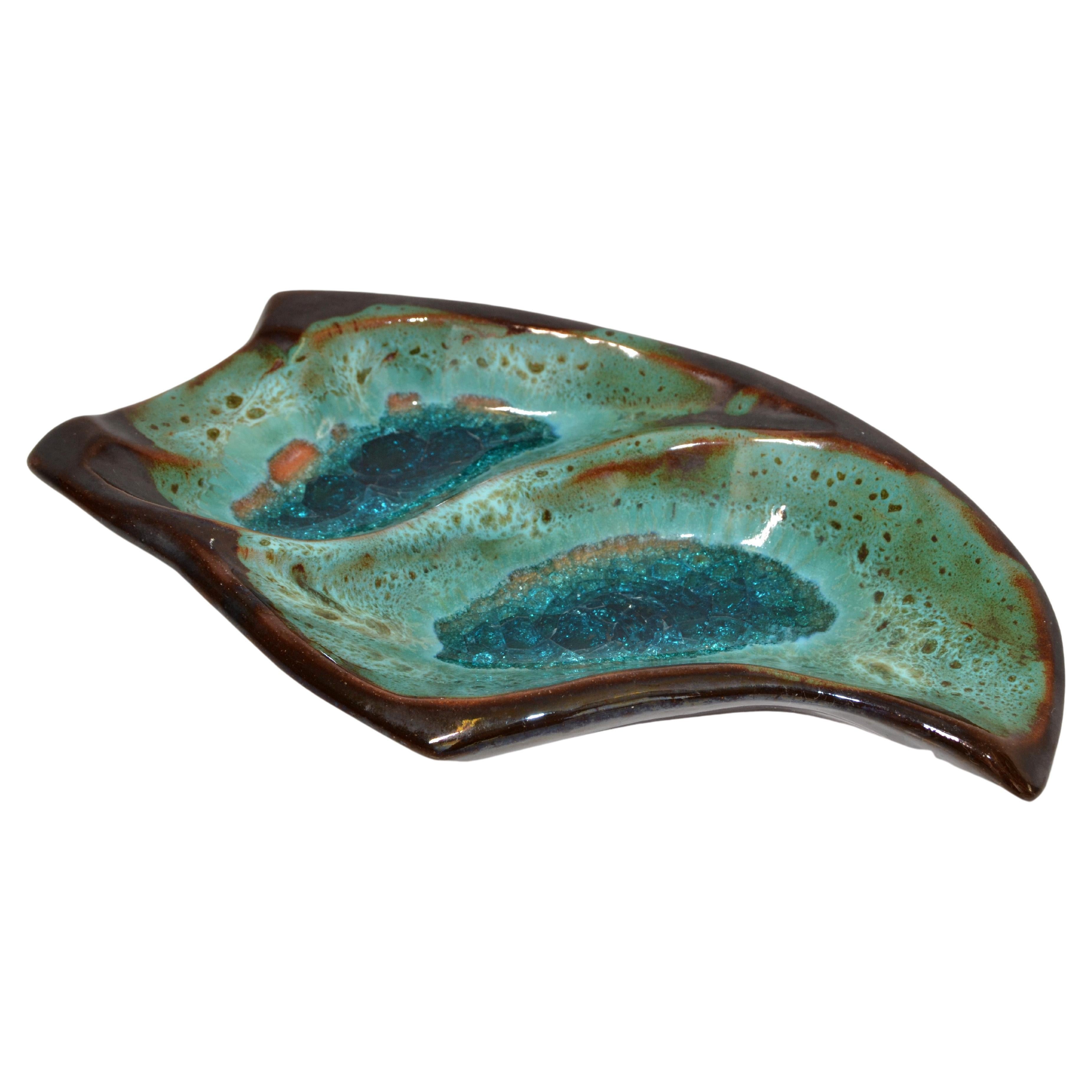 Pottery Ceramic Decorative Bowl Brown and Turquoise Vide Poche Blue Mineral 1960 For Sale