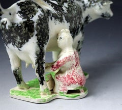 Pottery Cow Creamer with Milkmaid English Antique Period Early 19th Century