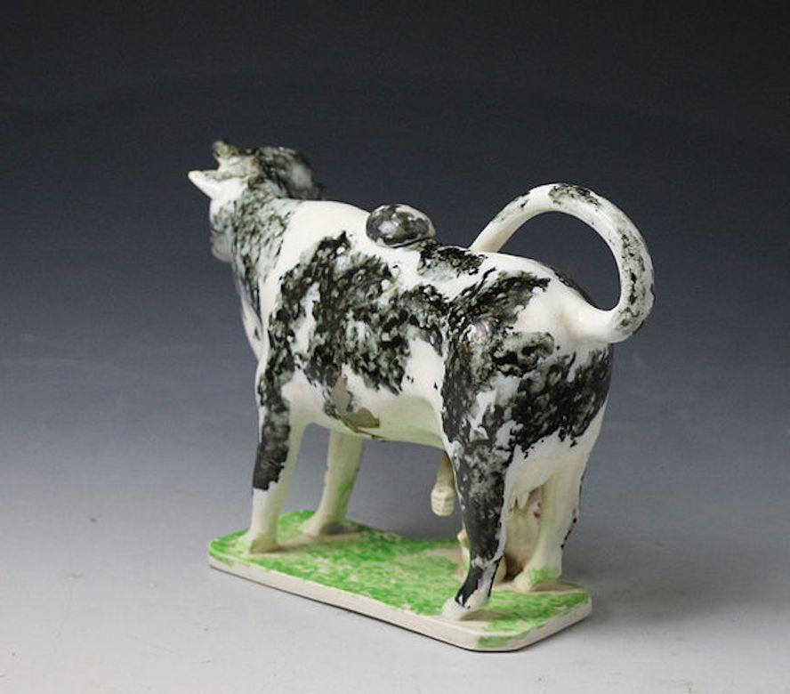 Pottery Cow Creamer with Milkmaid English Antique Period Early 19th Century In Good Condition For Sale In Woodstock, OXFORDSHIRE