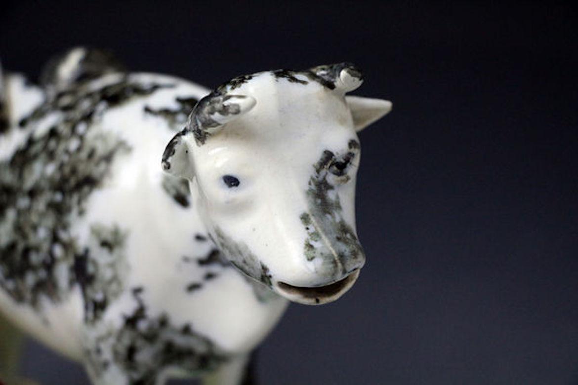 Ceramic Pottery Cow Creamer with Milkmaid English Antique Period Early 19th Century For Sale