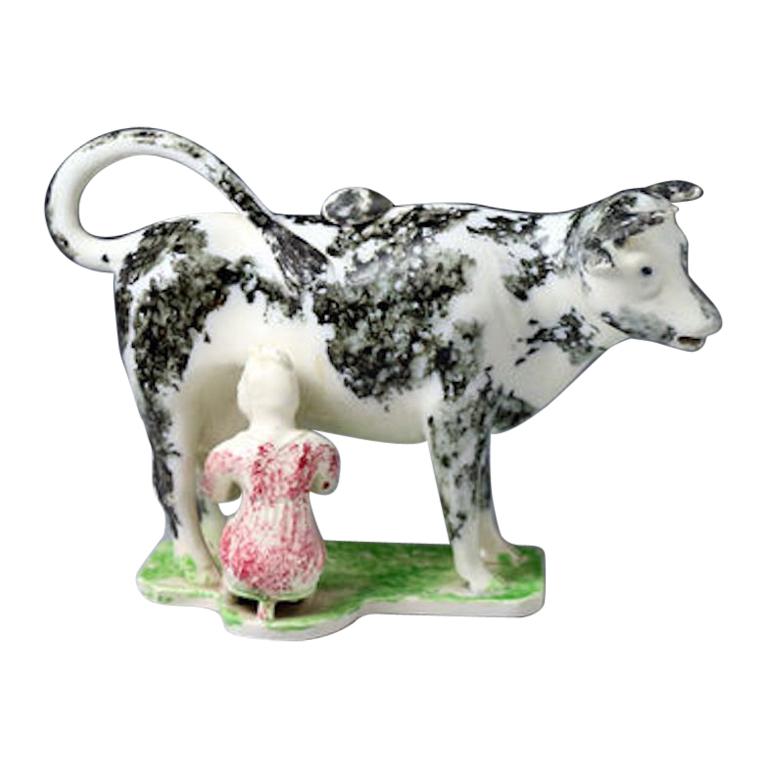 Pottery Cow Creamer with Milkmaid English Antique Period Early 19th Century For Sale