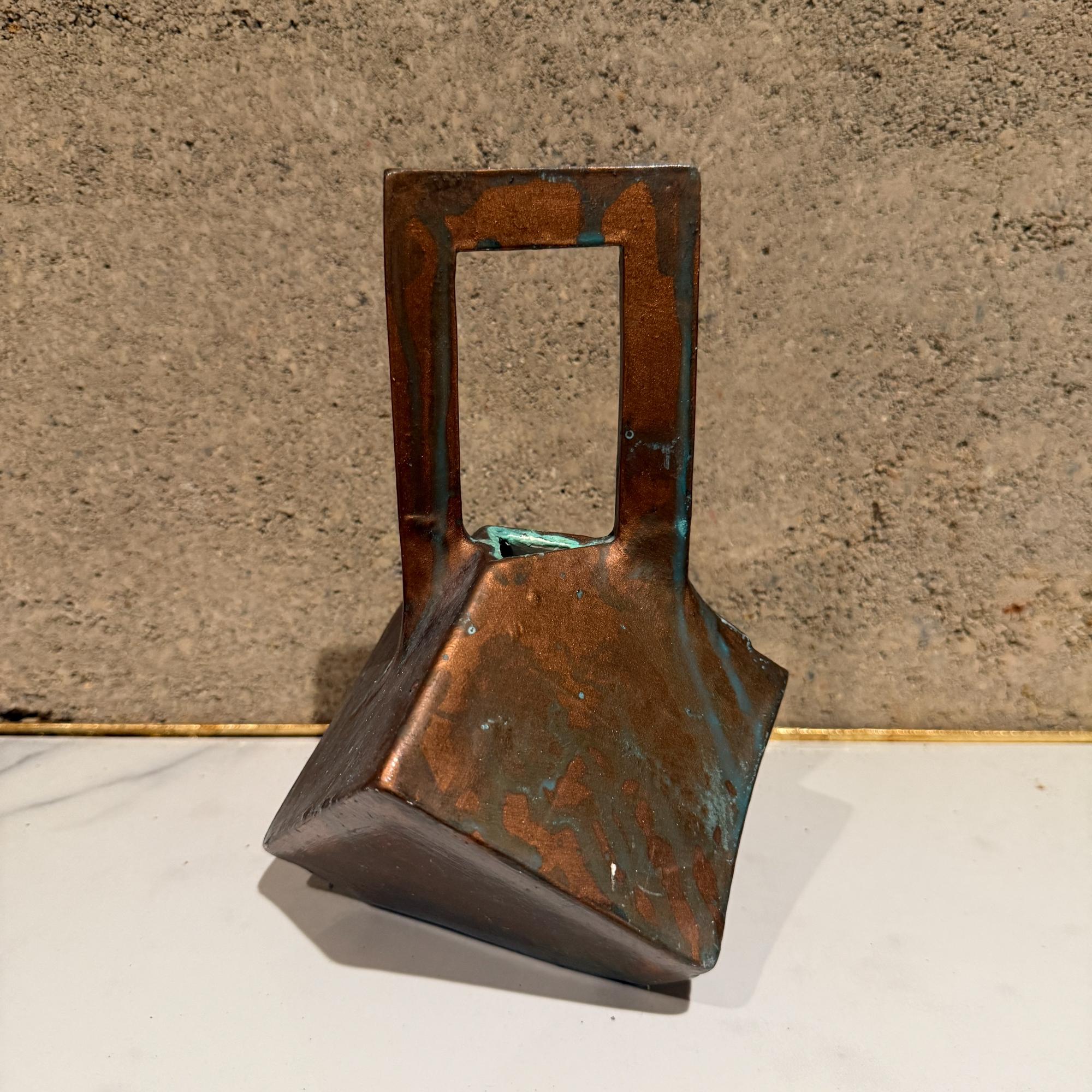 Pottery Faux Bronze Geometric Tea Pot Ceramic Studio Signed In Fair Condition For Sale In Chula Vista, CA