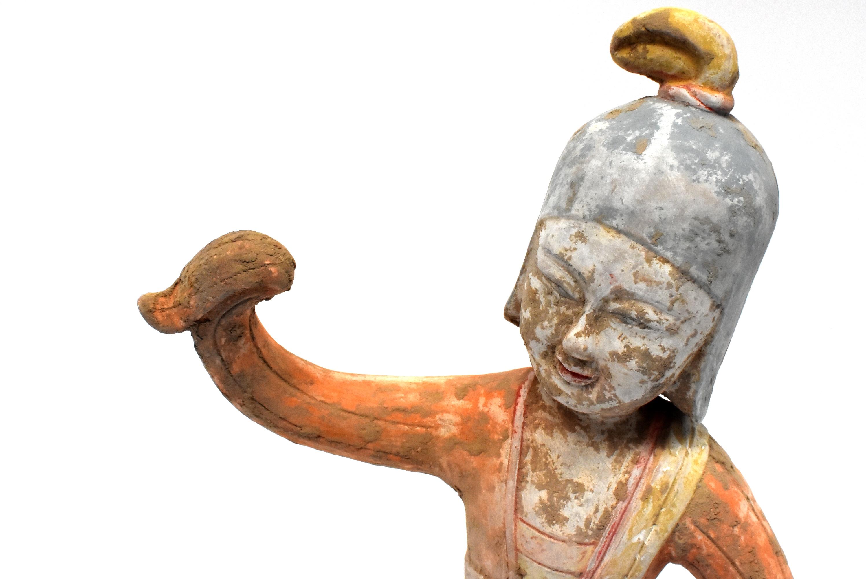Terracotta Dancer in Military Helmet, Chinese Han Style In Good Condition For Sale In Somis, CA