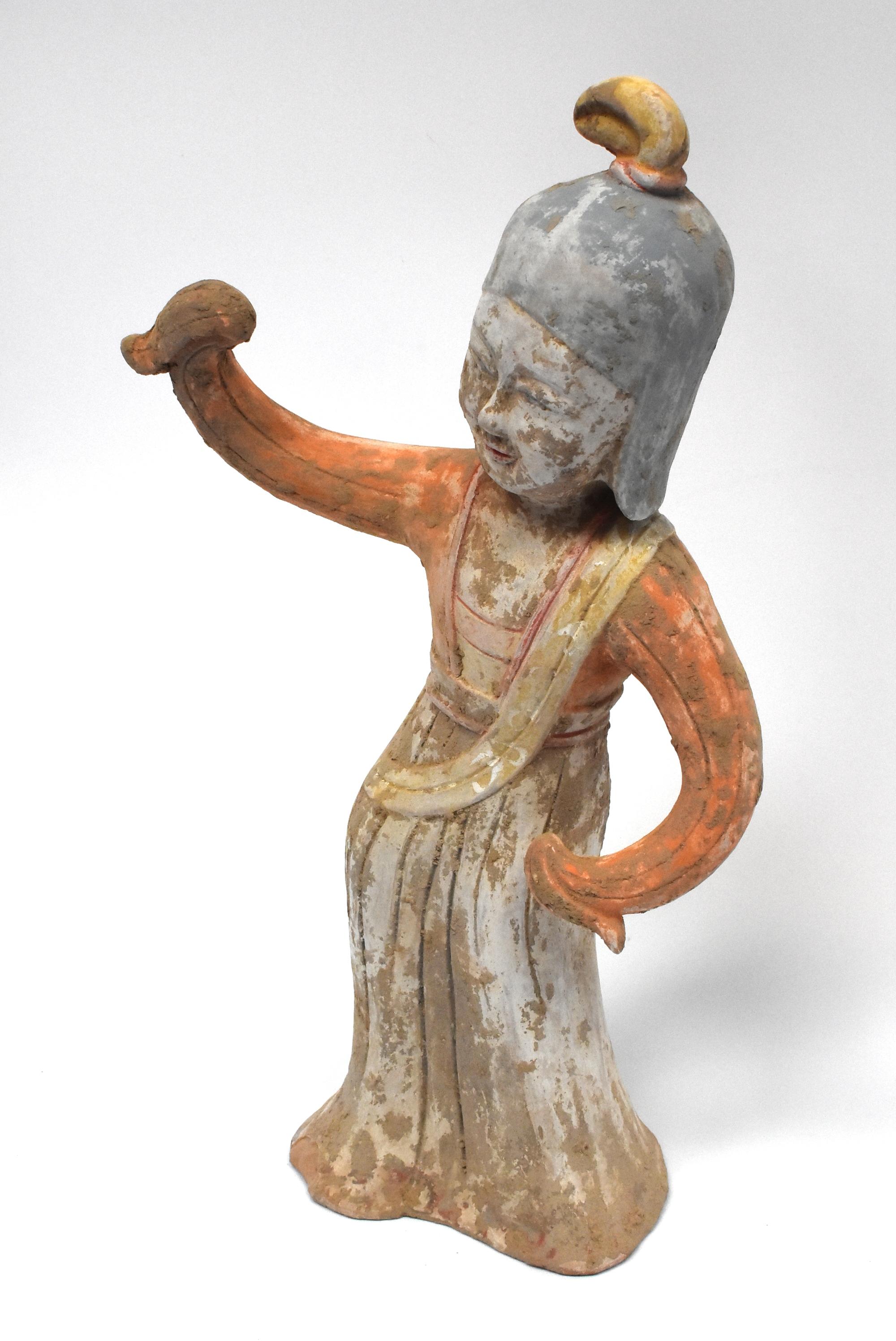Pottery Terracotta Dancer in Military Helmet, Chinese Han Style For Sale