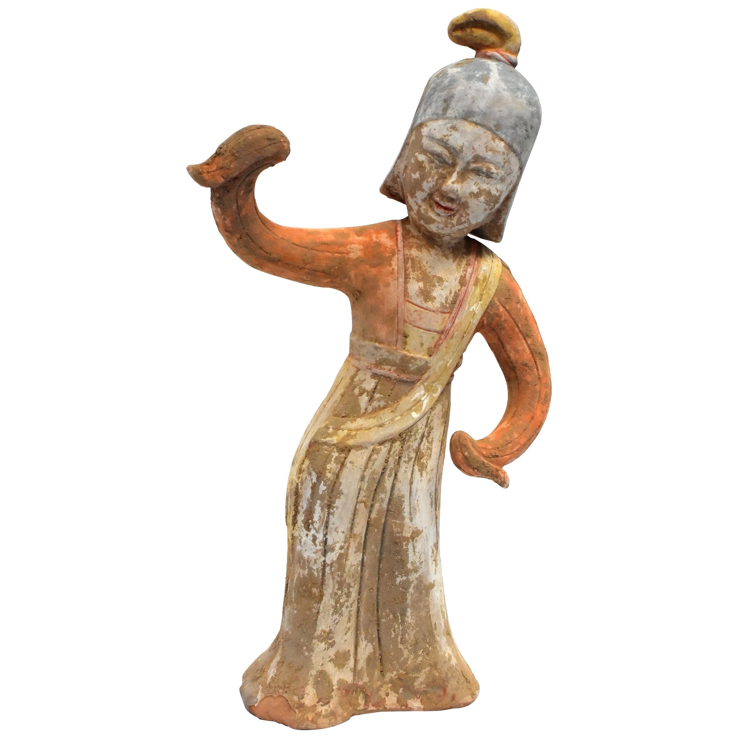 Terracotta Dancer in Military Helmet, Chinese Han Style For Sale