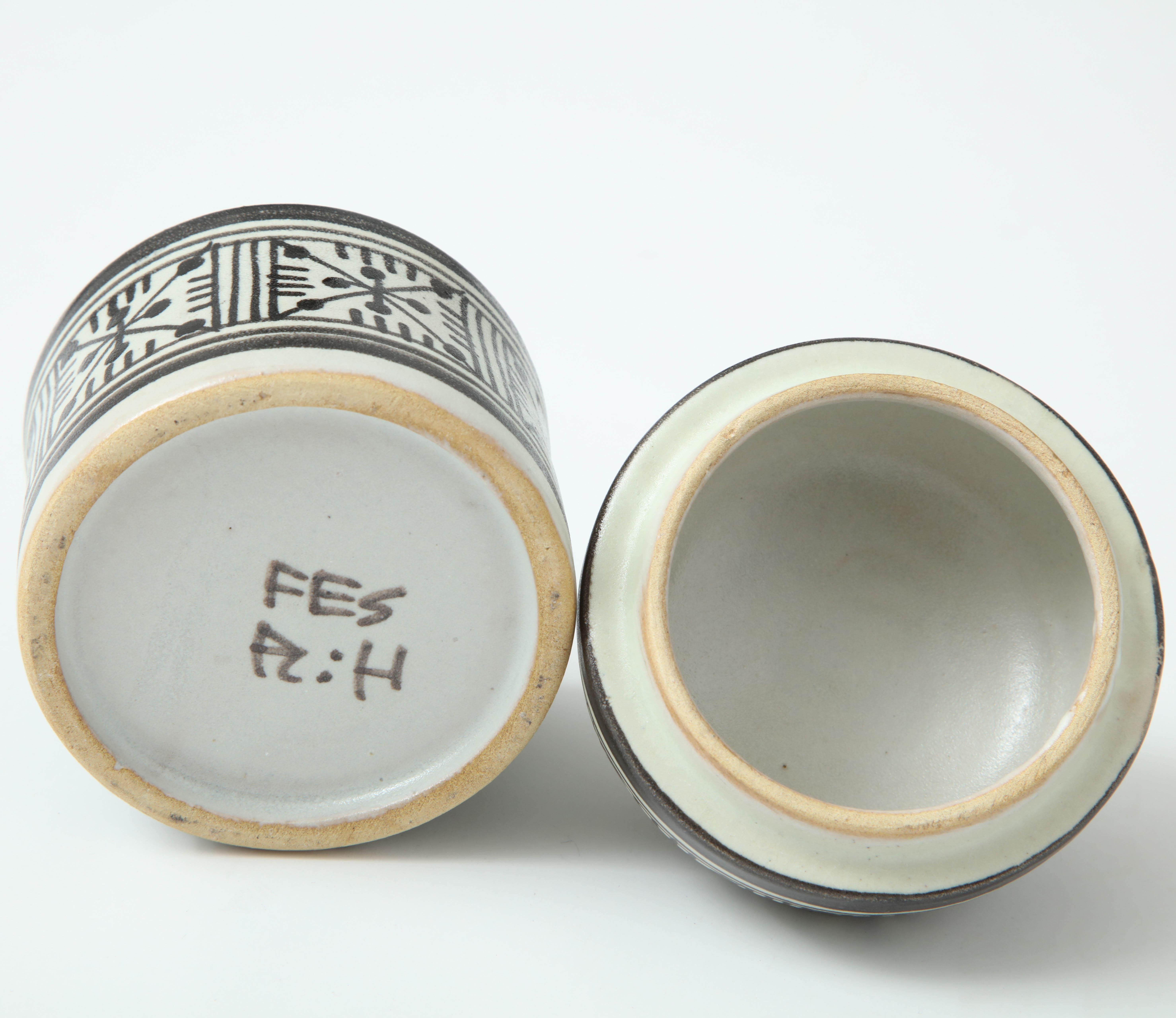 Mid-Century Modern Pottery from Rabat, Morocco, Contemporary Ceramic Jar, Cream and Black Colors For Sale