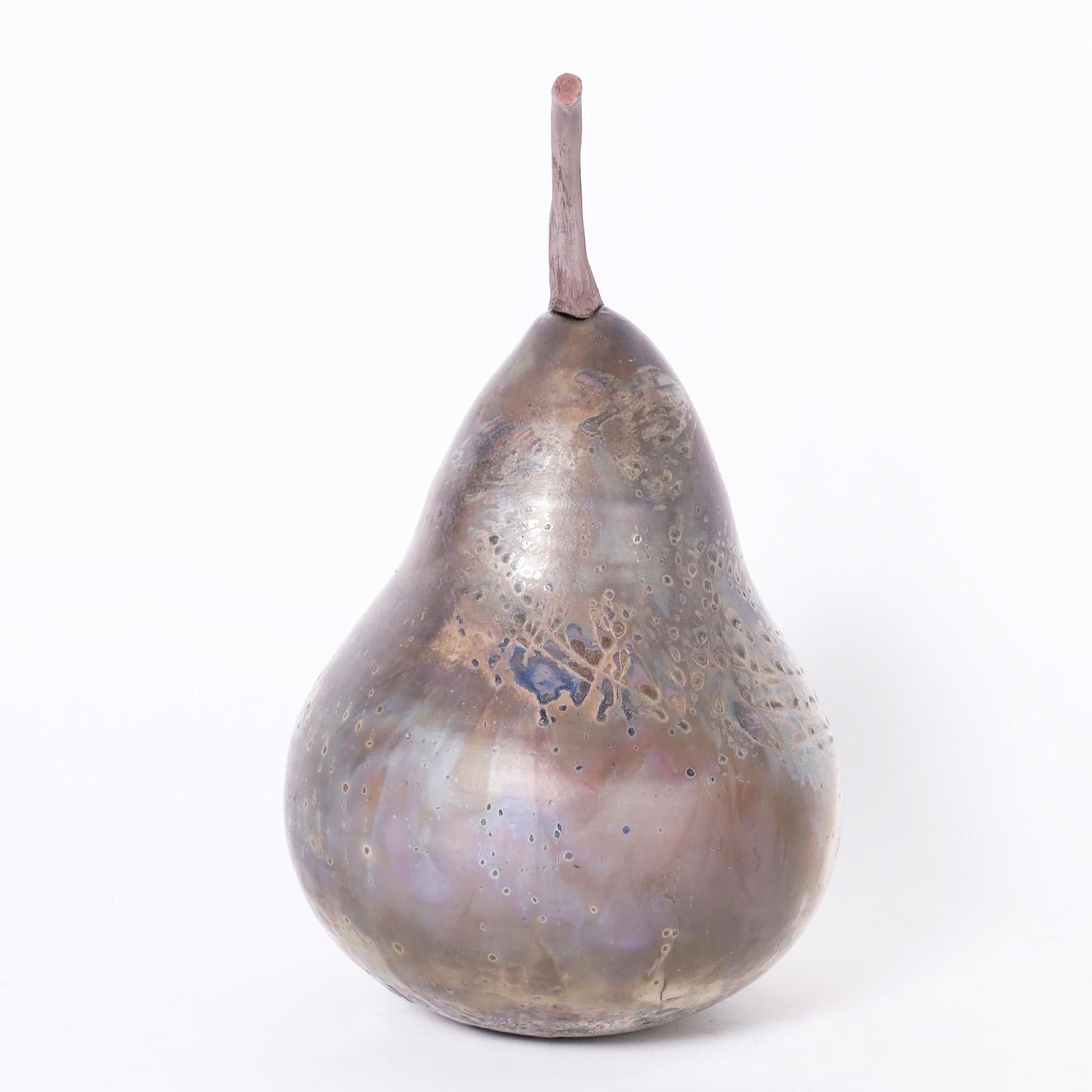 American Pottery Pear Sculpture with Raku Glaze For Sale