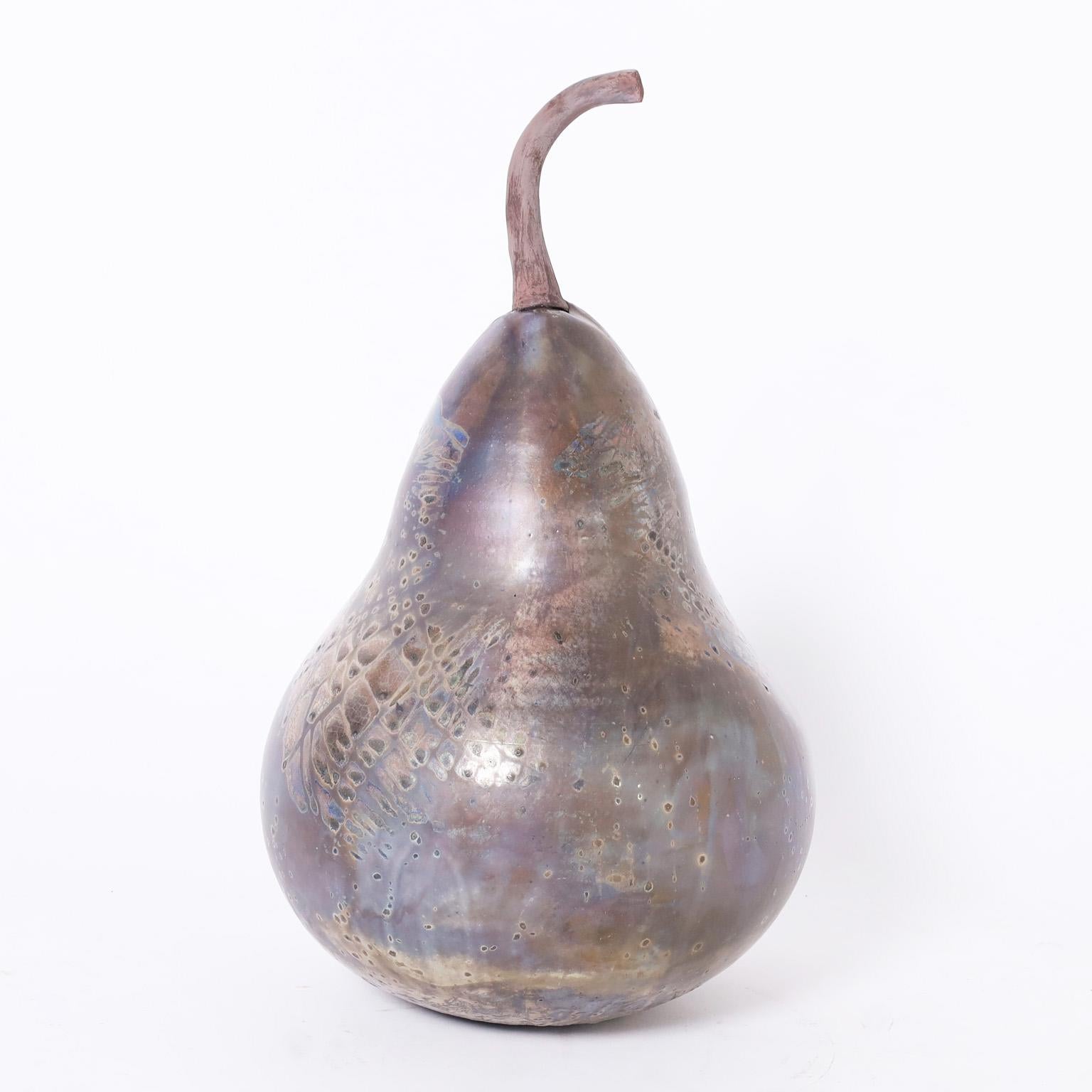 Glazed Pottery Pear Sculpture with Raku Glaze For Sale