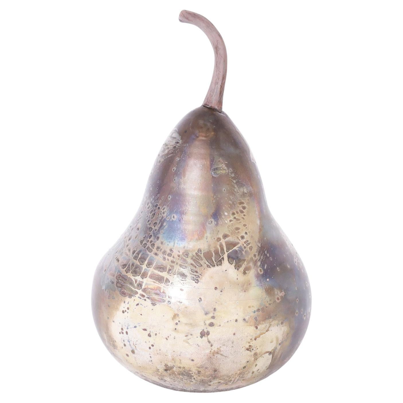 Pottery Pear Sculpture with Raku Glaze For Sale