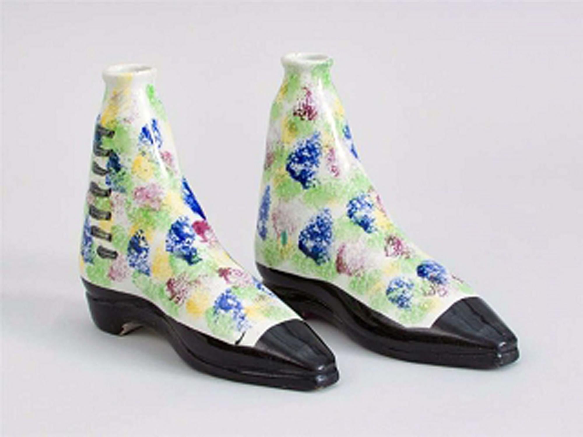 19th Century Pottery Pearlware Sponged Spirit Flasks Modeled in Form of Boots, Scottish For Sale