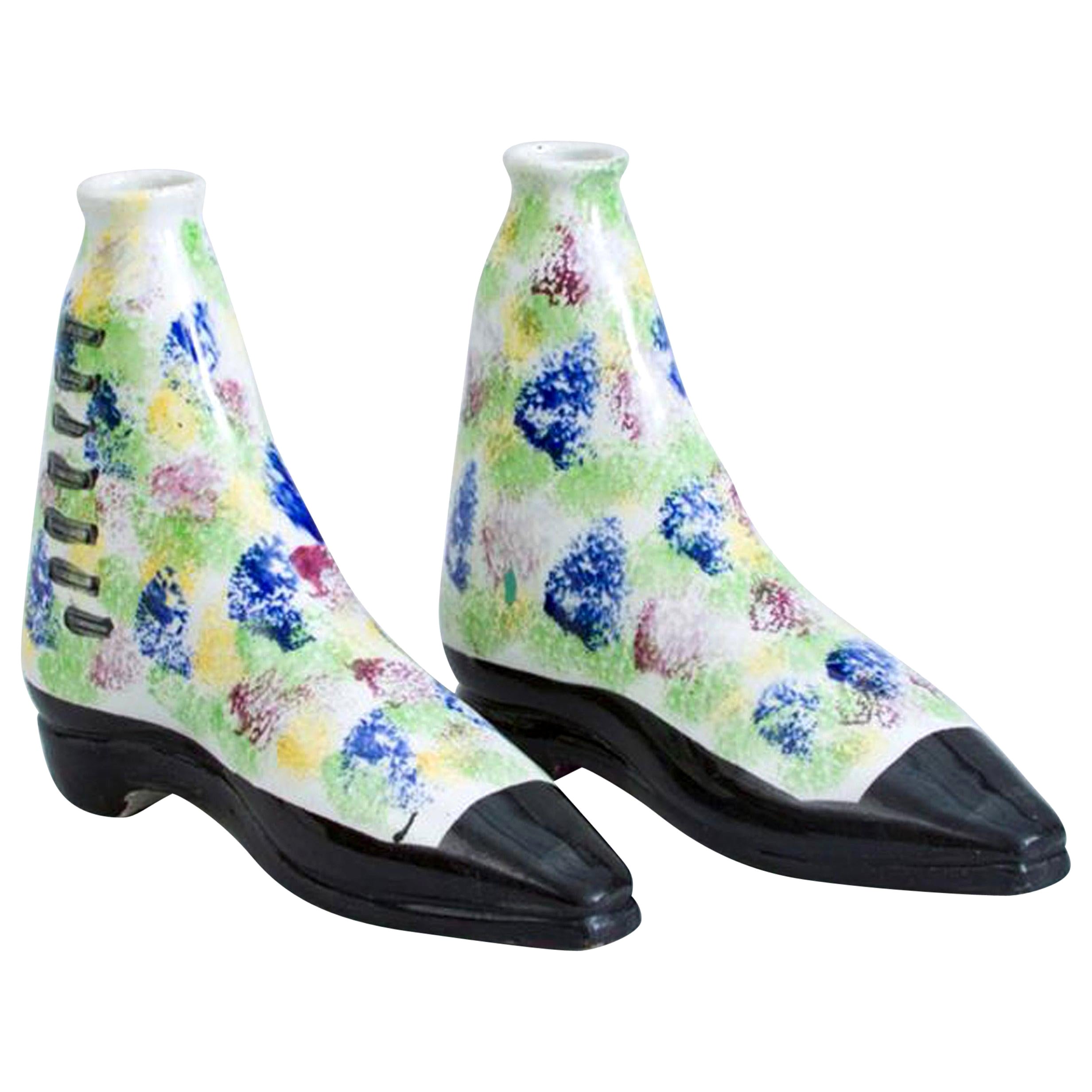 Pottery Pearlware Sponged Spirit Flasks Modeled in Form of Boots, Scottish