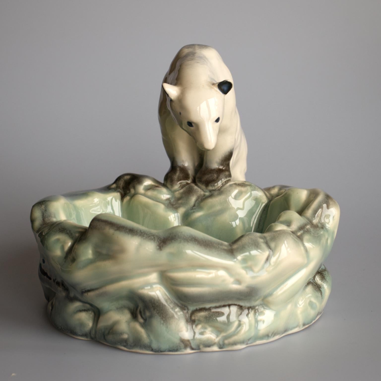 Ceramic Pottery Polar Bear Bowl or Ashtray from Ditmar Urbach Czechoslovakia, 1930s