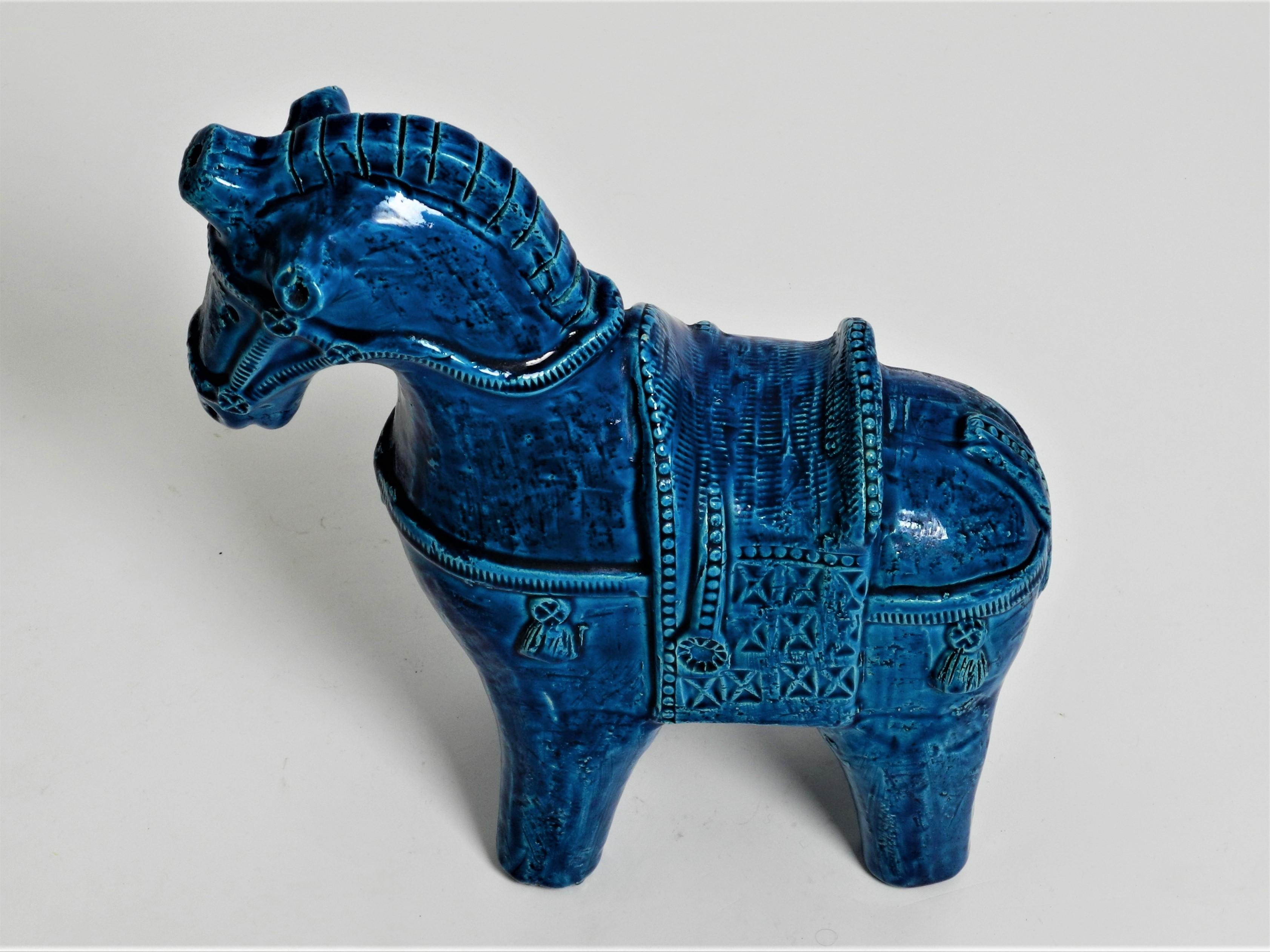Keramik-Skulptur „Rimini-Blau“ Pferd von Aldo Londi für Bitossi (Mitte des 20. Jahrhunderts)