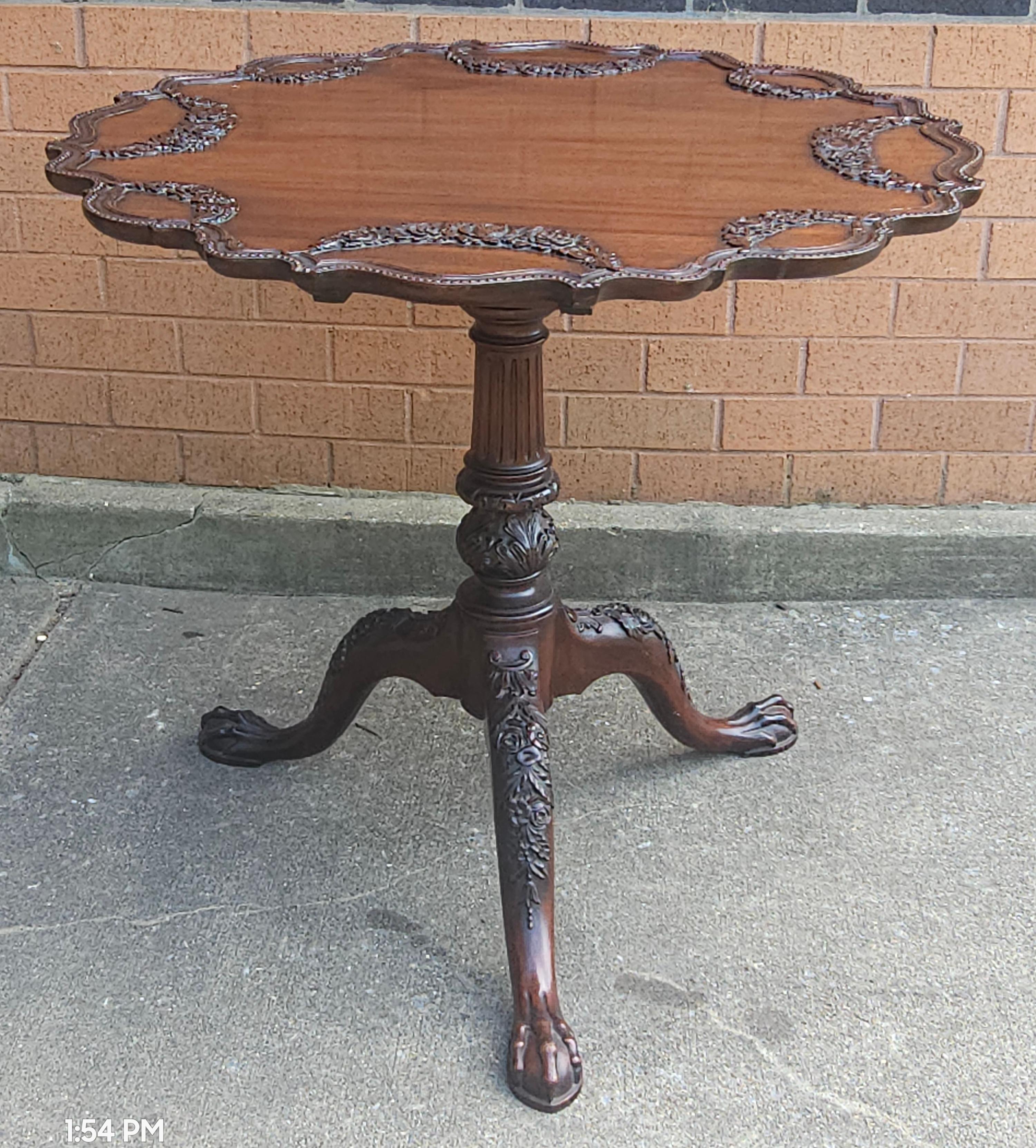 American Potthast Bros Hancrafted Chippendale Style Carved Mahogany Tilt Top Tea Table For Sale