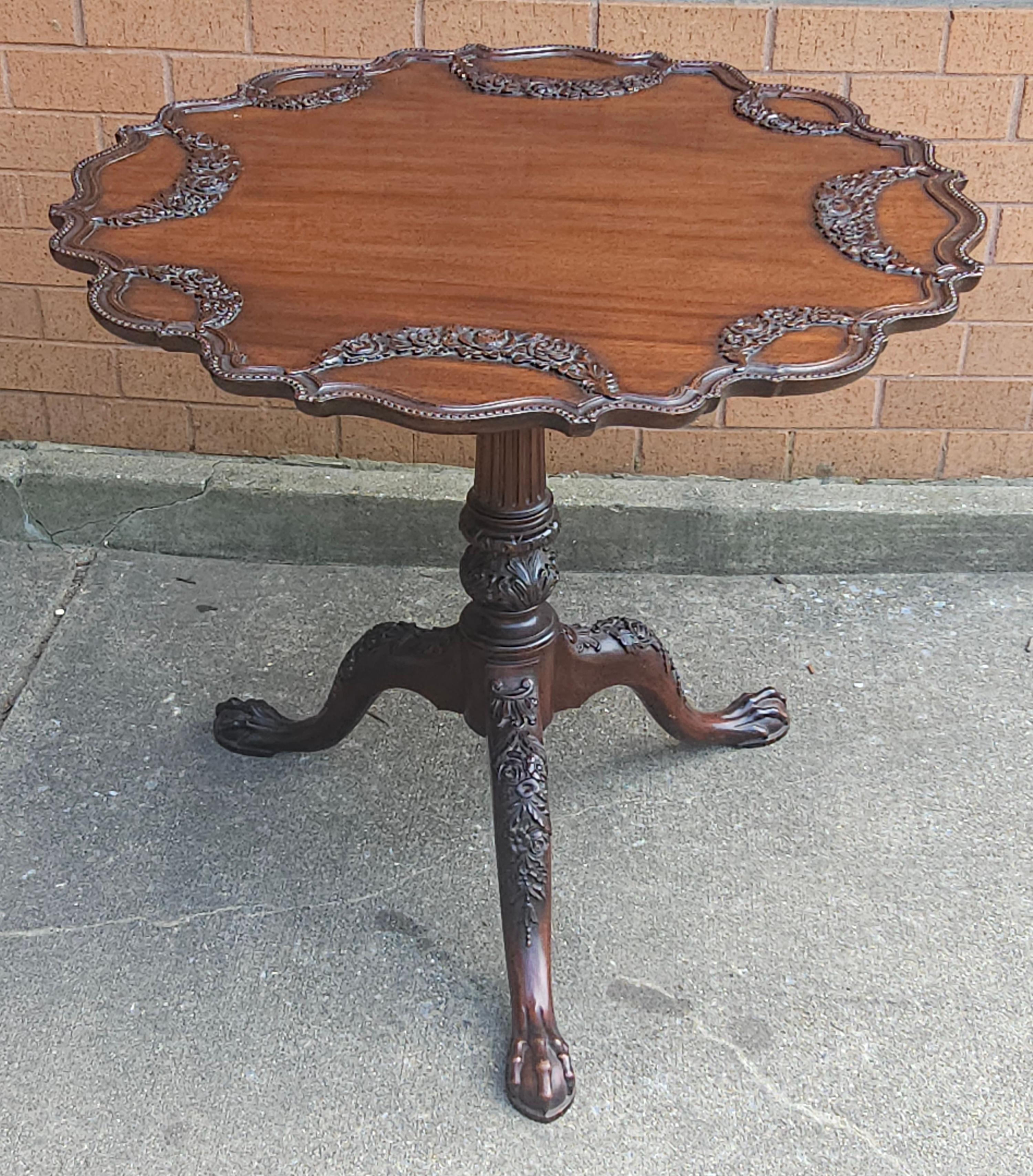 Hand-Carved Potthast Bros Hancrafted Chippendale Style Carved Mahogany Tilt Top Tea Table For Sale
