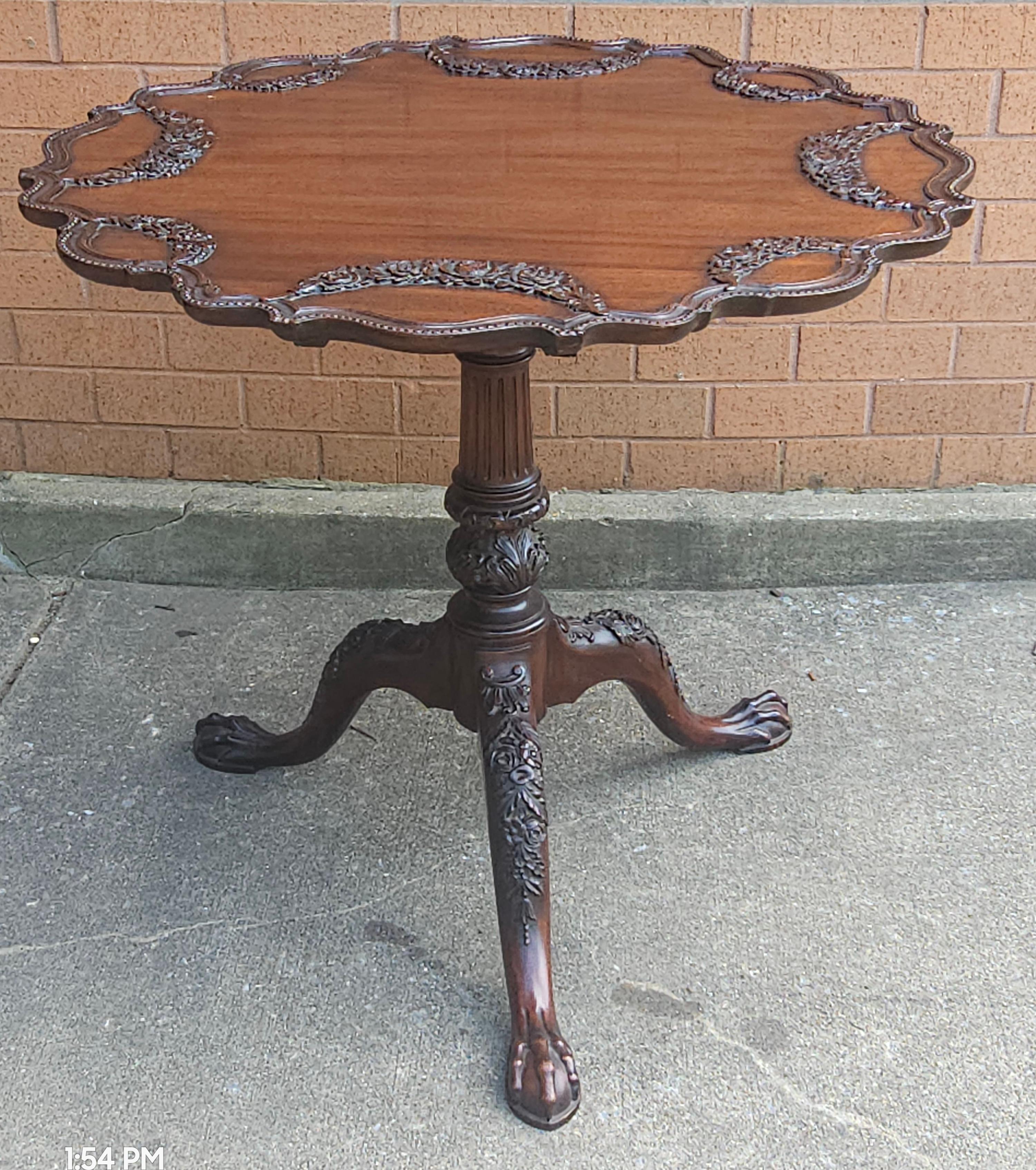 20th Century Potthast Bros Hancrafted Chippendale Style Carved Mahogany Tilt Top Tea Table For Sale