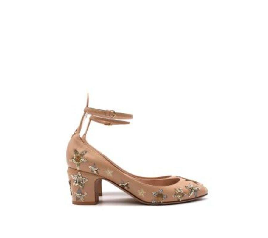 Valentino Poudre Leather Sequin Embellished Mary Jane Heeled Pumps
 
 - Iconic Poudre nude-pink leather, with allover star sequin and embroidery embellishments
 - Adjustable ankle straps
 - Set on a low block heel
 
 Materials: 
 Leather 
 
 Made in