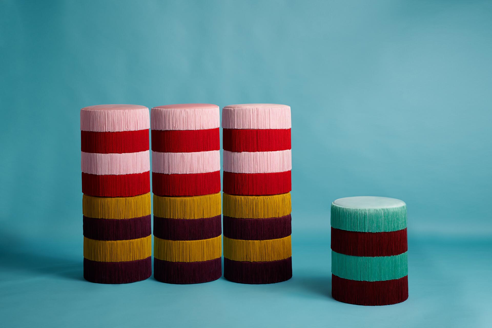 Spanish Pouf Chachachá Pink and Red with Fringes - 1stdibs New York For Sale