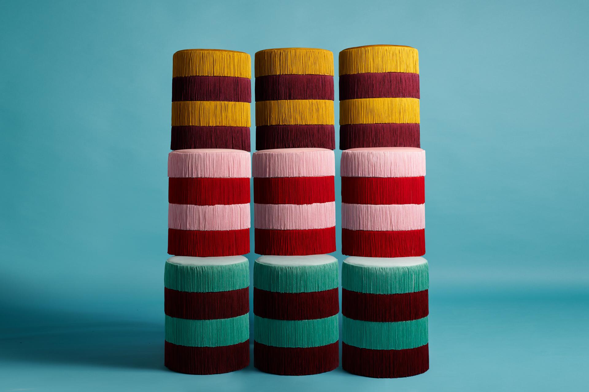 Contemporary Pouf Chachachá Pink and Red with Fringes - 1stdibs New York For Sale