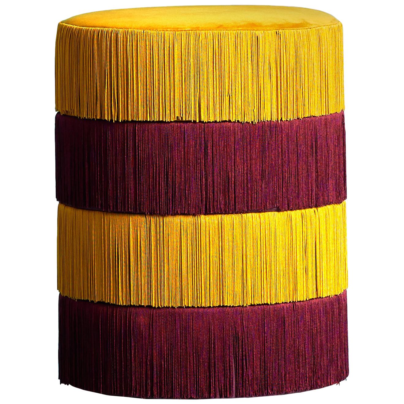 Pouf Chachachá Yellow and Purple with Fringes For Sale