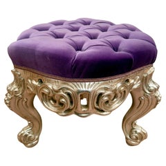 Luxury Italian 20th century silvered carved wood pouf purple color