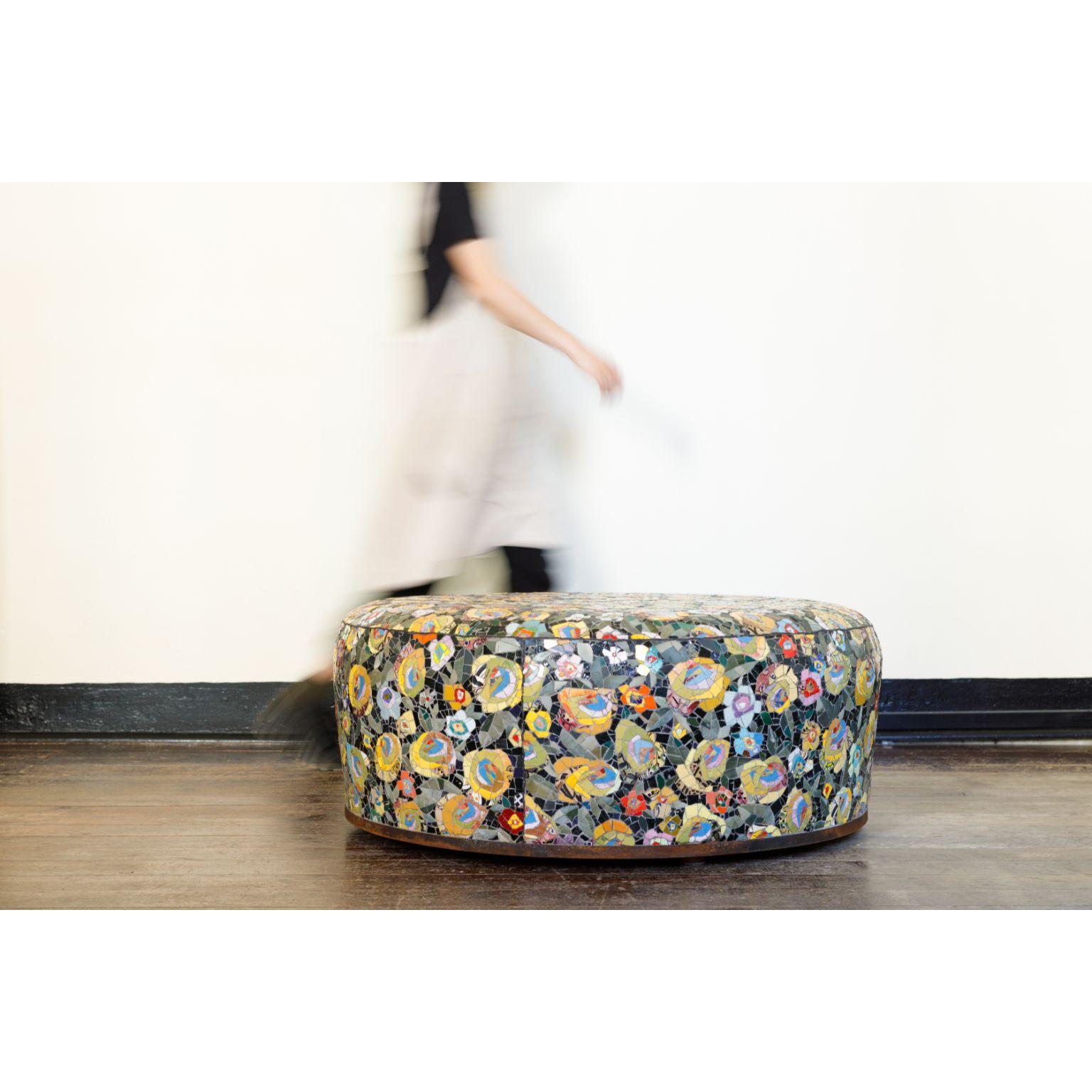 Pouf Floreale by Yukiko Nagai
Dimensions: D100 x W100 x H40 cm
Material: Venetian color glasses, Natural stones, Antique ceramic tiles, Marble
(Nero Belgio, etc) Iron base, Structure with polystyrene-glass resin, Cement, Stucco.
Weight: 65 kg