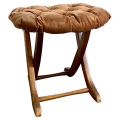 Pouf, Footrest, Ottoman Folding in Brown Velvet and Wood, Vintage 1970s